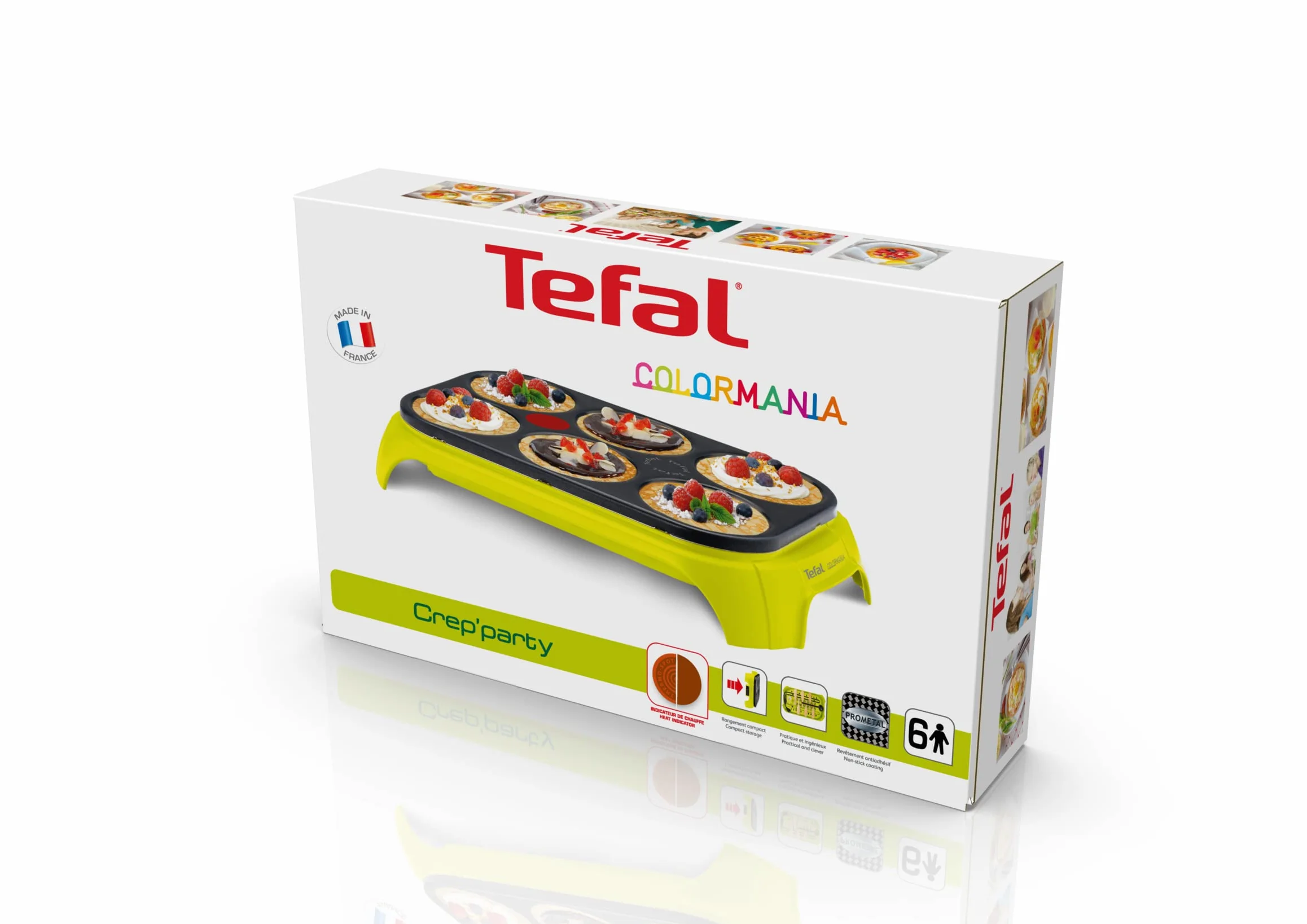 Tefal PY5593 Crep'Party Colormania Crêpemaker | Płyta z 6 Zagłębieniami do Naleśników | Wskaźnik Temperatury Thermo-Spot | w Zestawie 6 Szpatułek i Jedna Łyżka | Żółty/Czarny