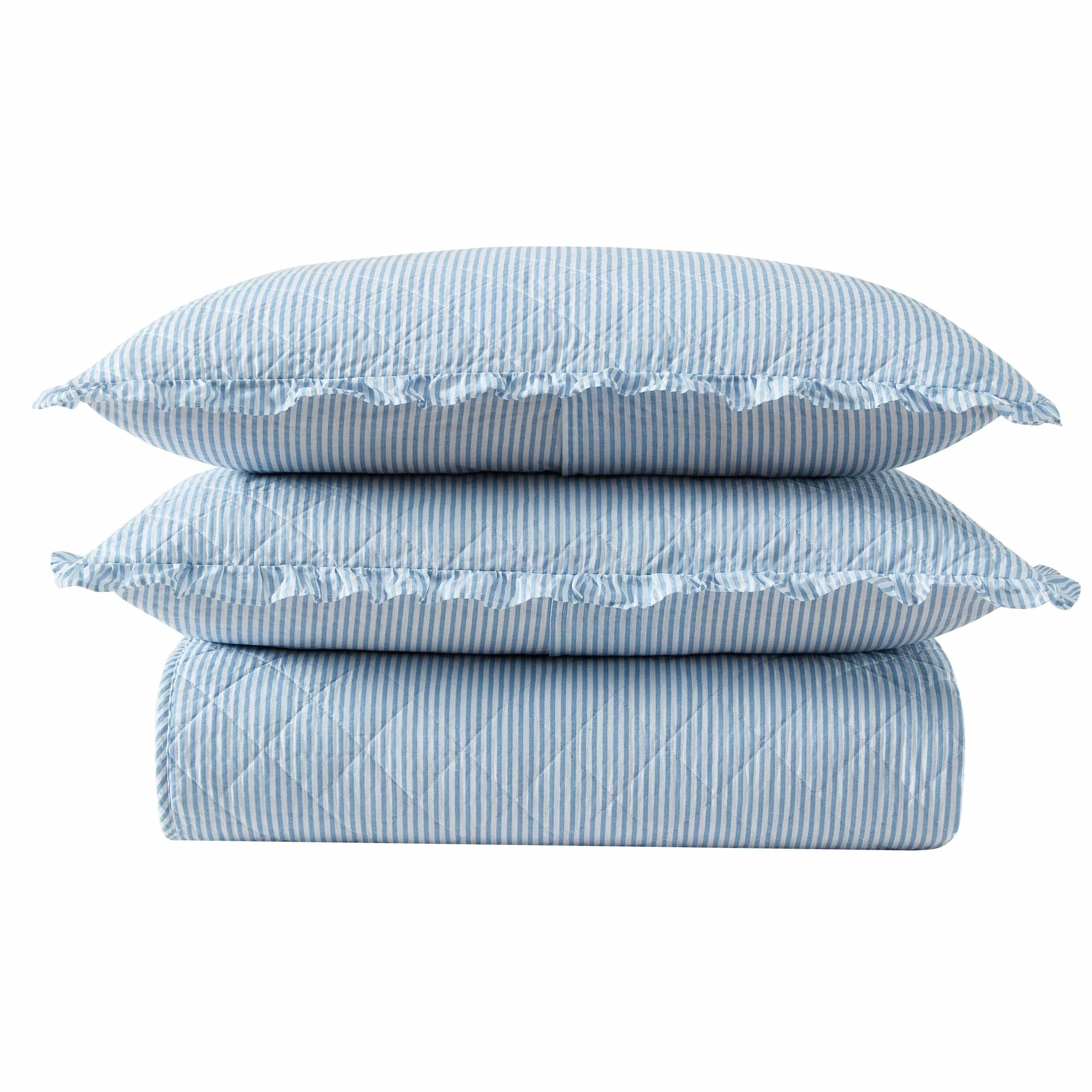 Laura Ashley Quilt Set King Oxford Stripe Blue Super Soft Bedding Sham