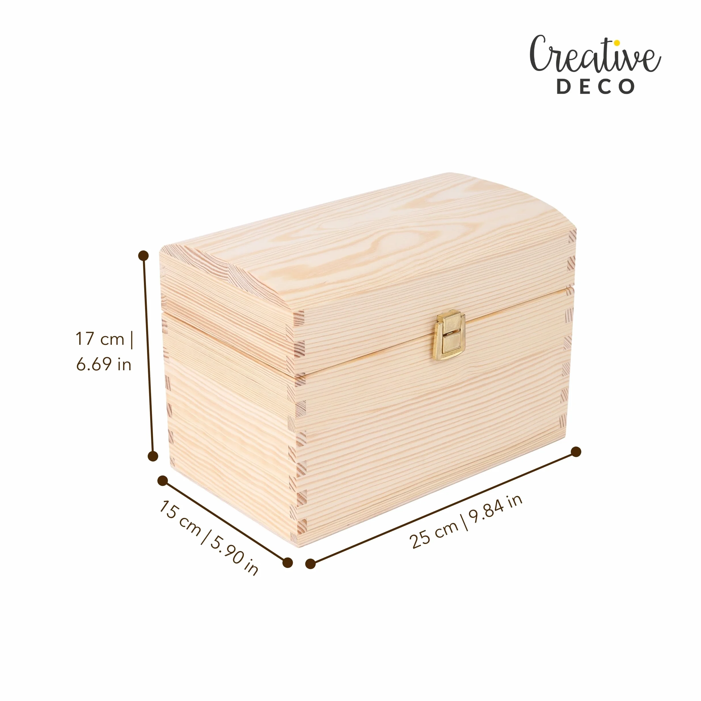 Creative Deco Duży Kufer Pudełko z Drewna | 25 x 15 x 17 cm z Zamkiem | z Zaokrągloną Pokrywą | Niemalowana Skrzynia z Drewna | Idealna na Dokumenty, Zabawki, Narzędzia, Pamiątki, na Prezent