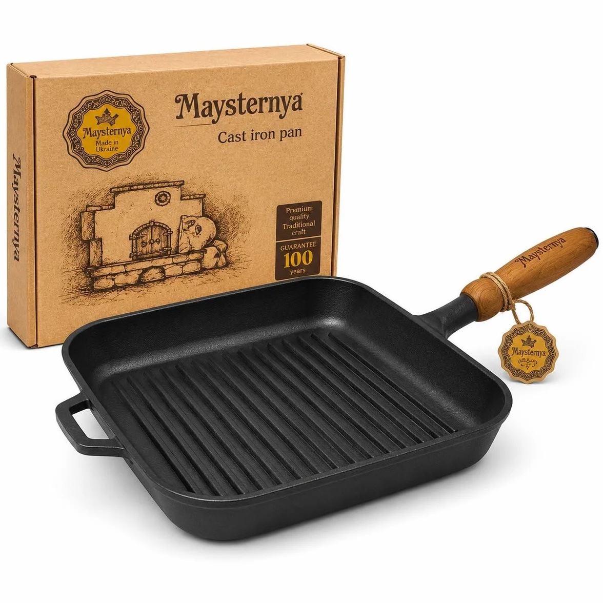 Patelnia grillowa z żeliwną z drewnianym uchwytem – 28 x 28 x 4 cm – patelnia do steków – grillowanie – patelnia żeliwna do wszystkich źródeł ciepła – gotowanie – zestaw patelni – bez PFAS