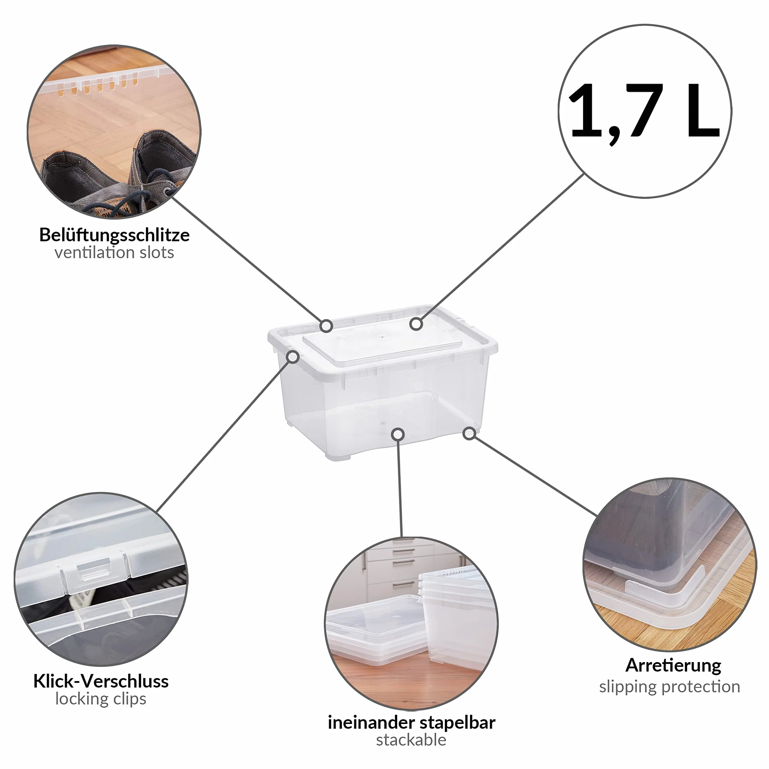 Grizzly małe pudełka do organizowania z pokrywkami, 1,7 litra, przezroczyste pojemniki do układania w stos, przezroczysty organizer, 19 x 14,5 x 9 cm, 12 sztuk