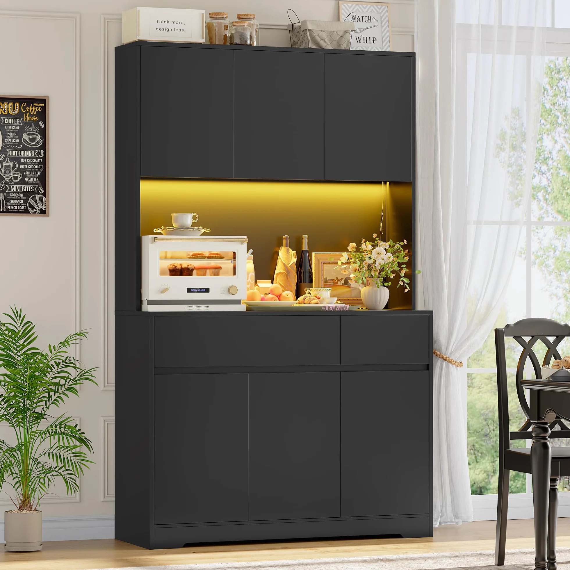 FirFurd Szafka kuchenna o wysokości 180 cm, szafka kuchenna z diodami LED, gniazdko elektryczne, regulowane półki, 2 szuflady, 6 drzwi, duży blat, 180 x 100 x 38,5 cm, czarna