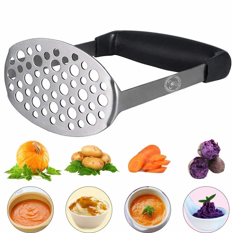 Masher Ricer,Stainless Steel Masher Ricer with Soft Handle, Baby Food Fruit & Vegetable Masher Ricer, Potato Ricer Masher(Black)