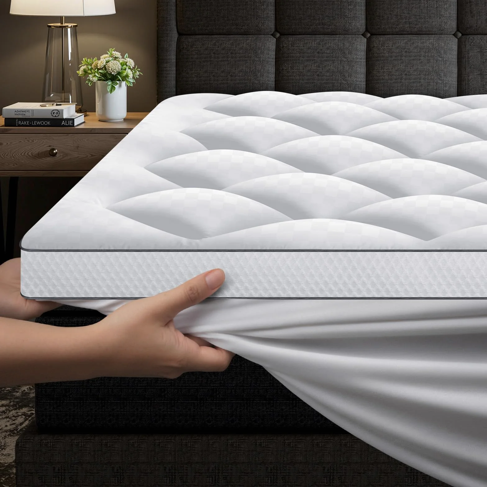 Nakładka na materac z cząsteczkami pianki z pamięcią kształtu, 180 x 200 cm, 1000 g/m², bardzo miękki materac z 4 antypoślizgowymi nakładkami narożnymi, hipoalergiczna, nadaje się do prania w