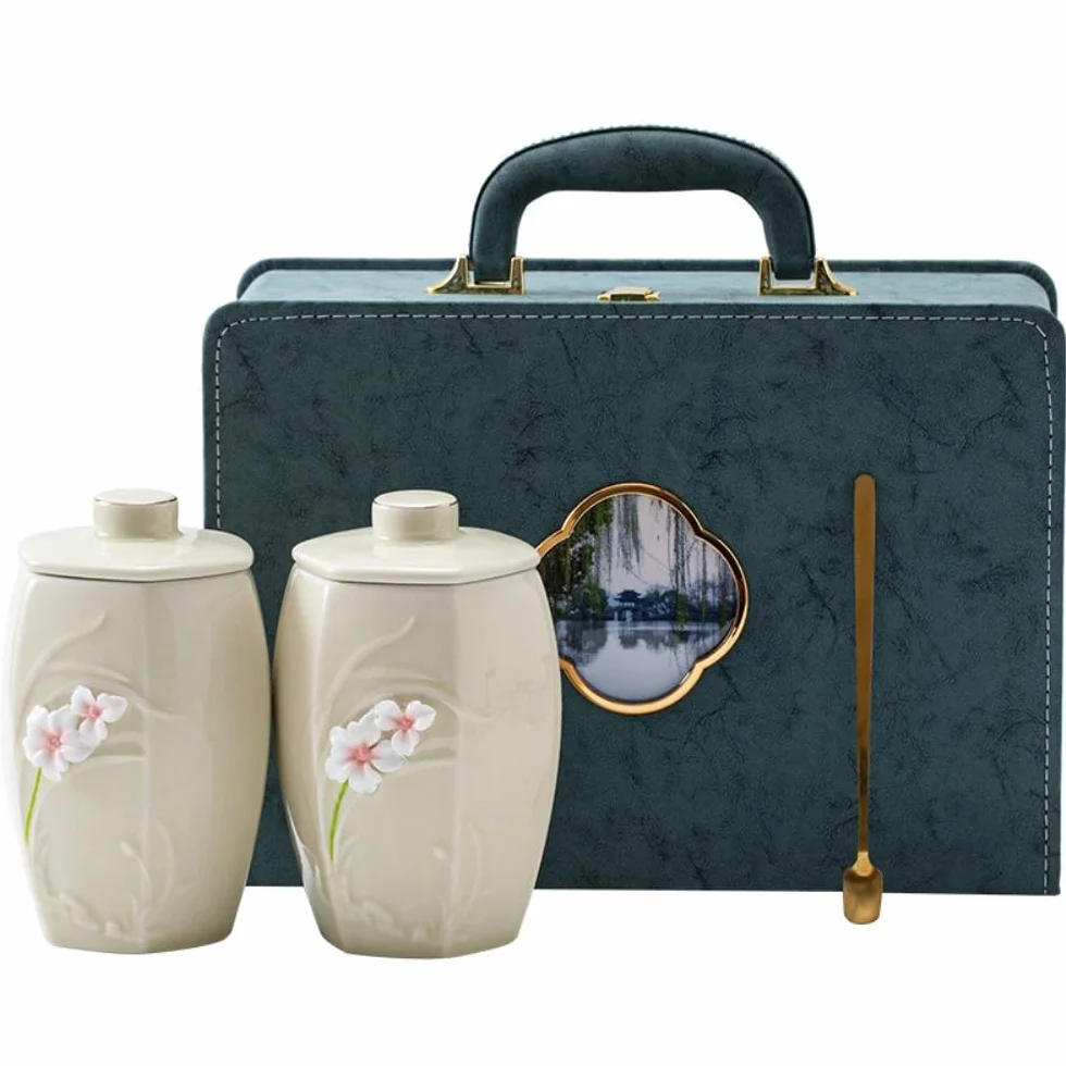 LYGSWDB Pojemnik na herbatę ceramiczny pojemnik do przechowywania herbaty luzem słoik domowa kuchnia szczelnie zamknię słoik okrągły pusty słoik zestaw do herbaty podwójny słoik zestaw upominkowy