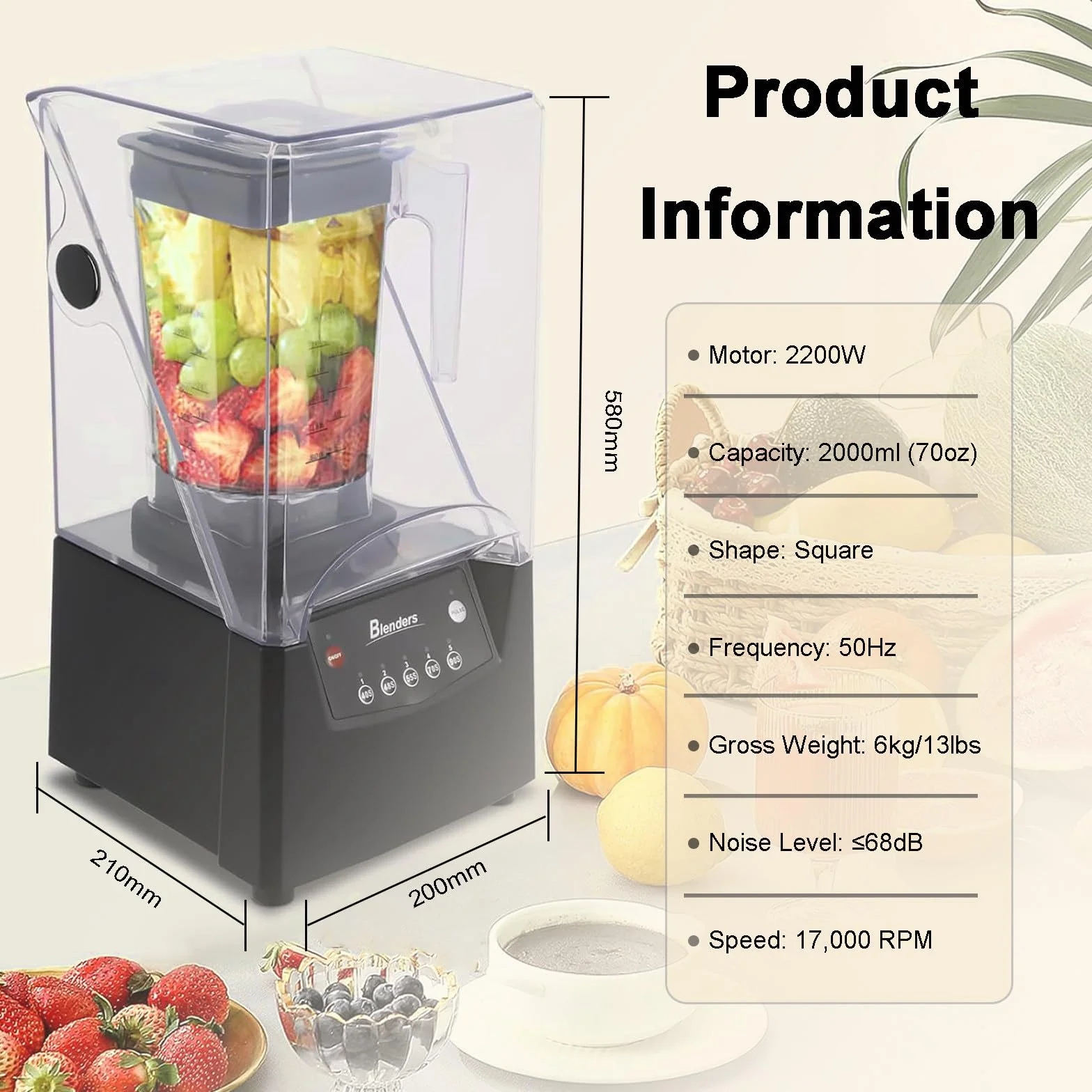 Profesjonalny Blender Do Smoothie Z Obudową Dźwiękoszczelną,Z Samoczyszczącym Systemem Ostrzy 4d Do Kruszenia Lodu, Koktajli I Puree,Konstrukcja Z Otworem Wlotowym, Idealny Do Sklepu I Użytku Domowego