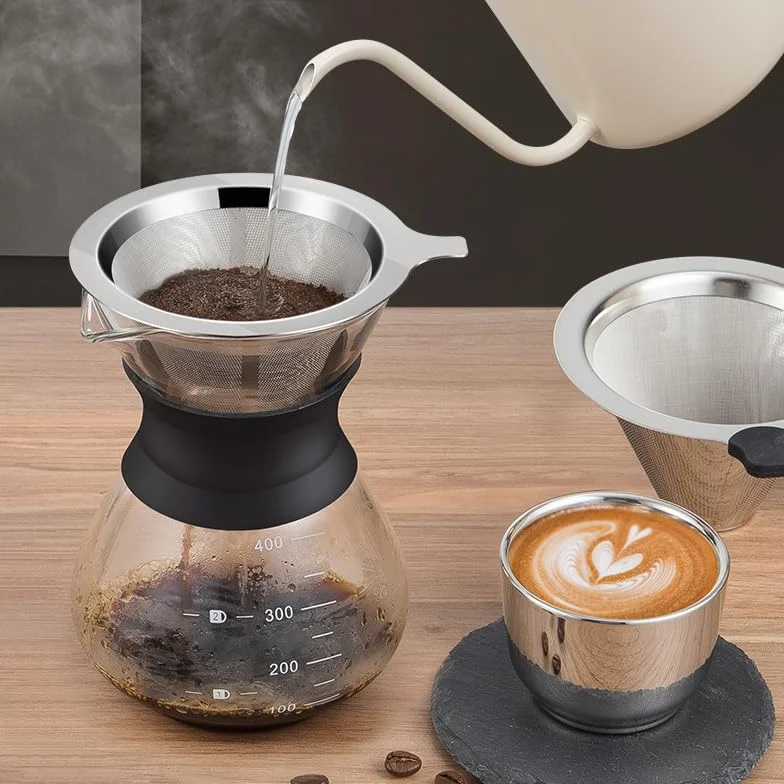 PIQIUQIU Pour Over ekspres do kawy 400ml, szklany ekspres do kawy, ręczny ekspres do kawy kroplowy, ręczny ekspres do kawy z filtrem ze stali nierdzewnej