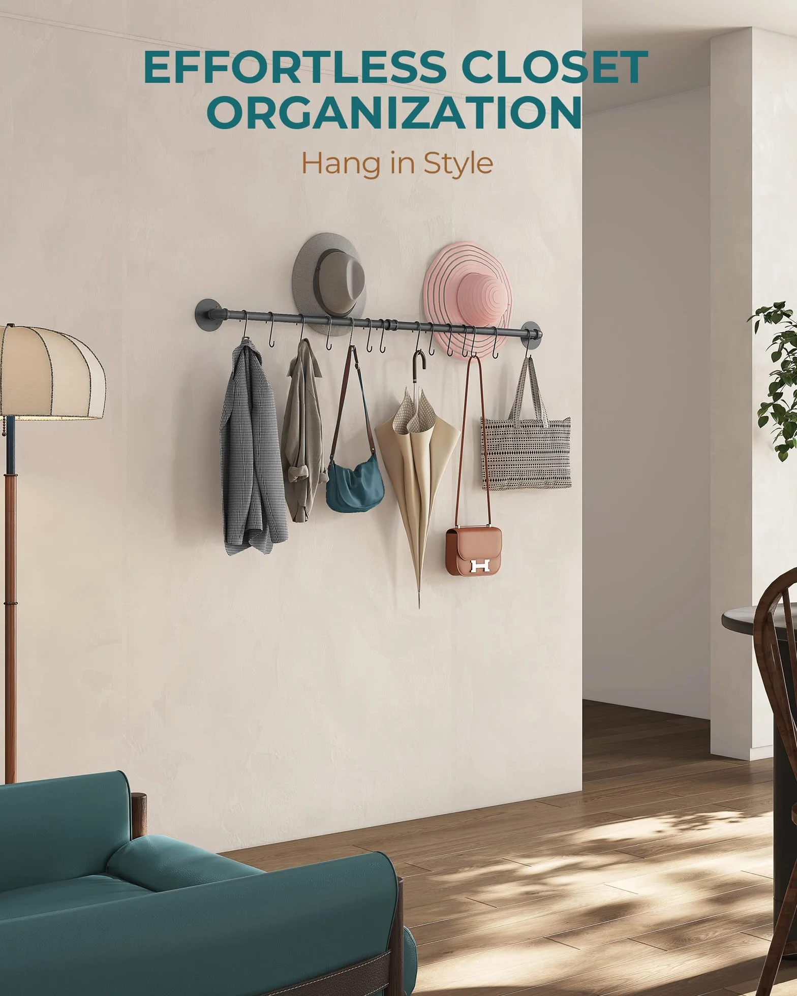OROPY uchwyt ścienny na garnek i patelnię, stojak barowy, 100 cm, metalowy, styl industrialny, wiszący drążek na przybory kuchenne, wieszak, organizer z 14 haczykami, czarny