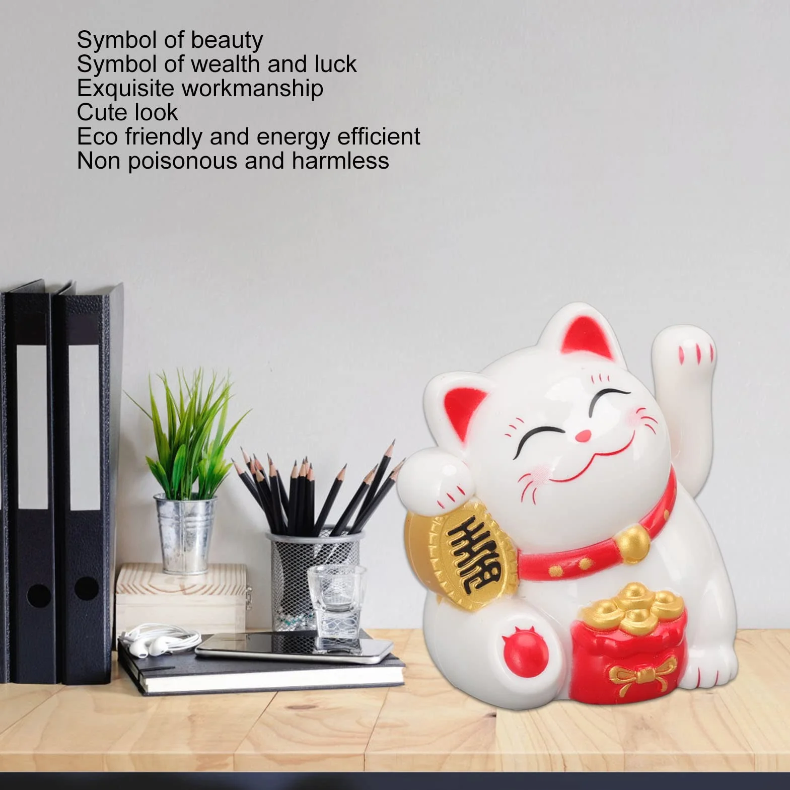 Machający Kot Zasilany energią słoneczną, Dekoracja Chińskiego Kota na Szczęście z Machającym Ramieniem, Statua Kota na Szczęście Chińska Dekoracja Feng Shui Wbudowana Indukcja
