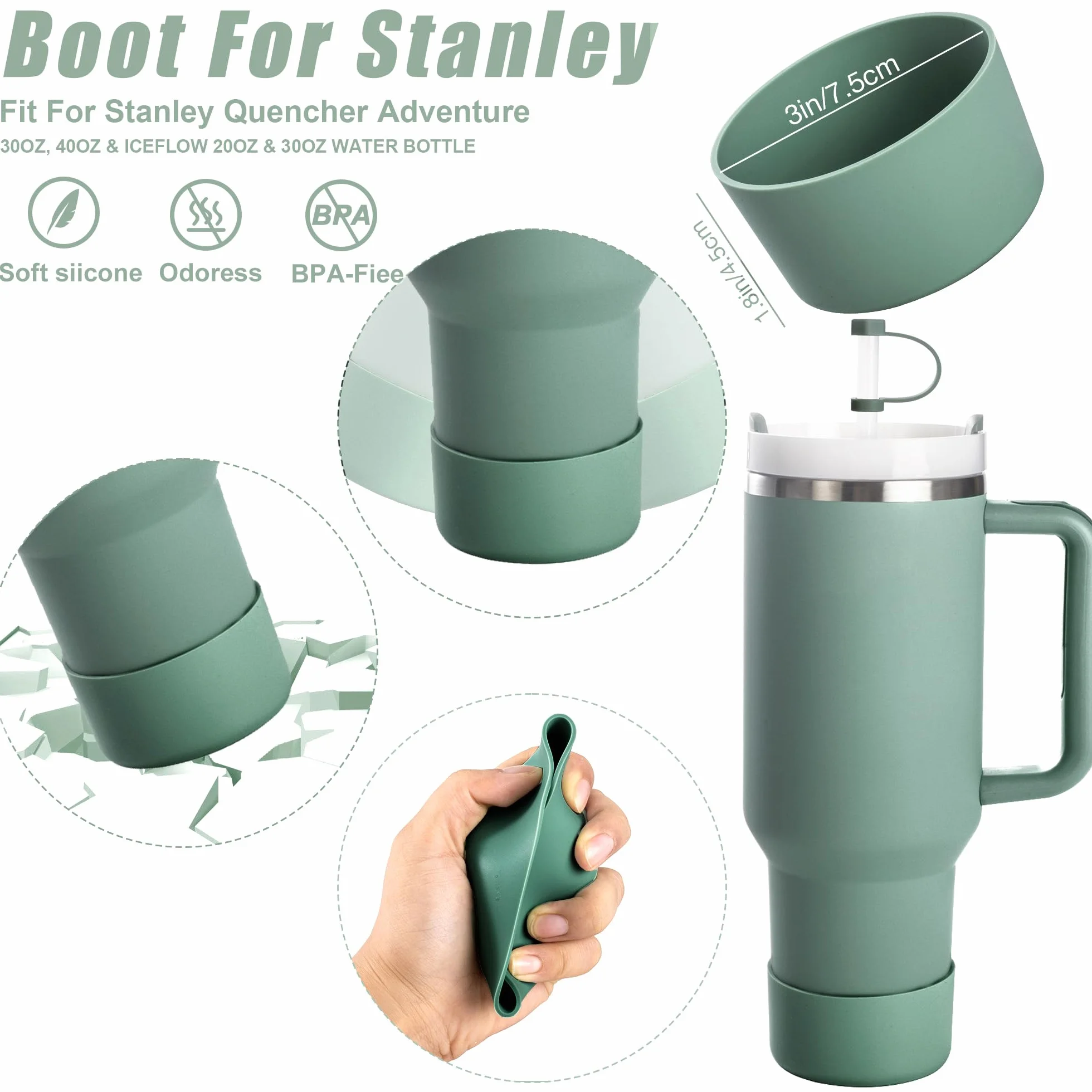 FOSFUKEER Zestaw akcesoriów na kubki Stanley, 6 szczelnych zatyczek silikonowych, 2 pokrywki z otworem na słomki, 1 silikonowe etui na kubek 1,2 l i 850 ml, bez kubków (eukaliptus)