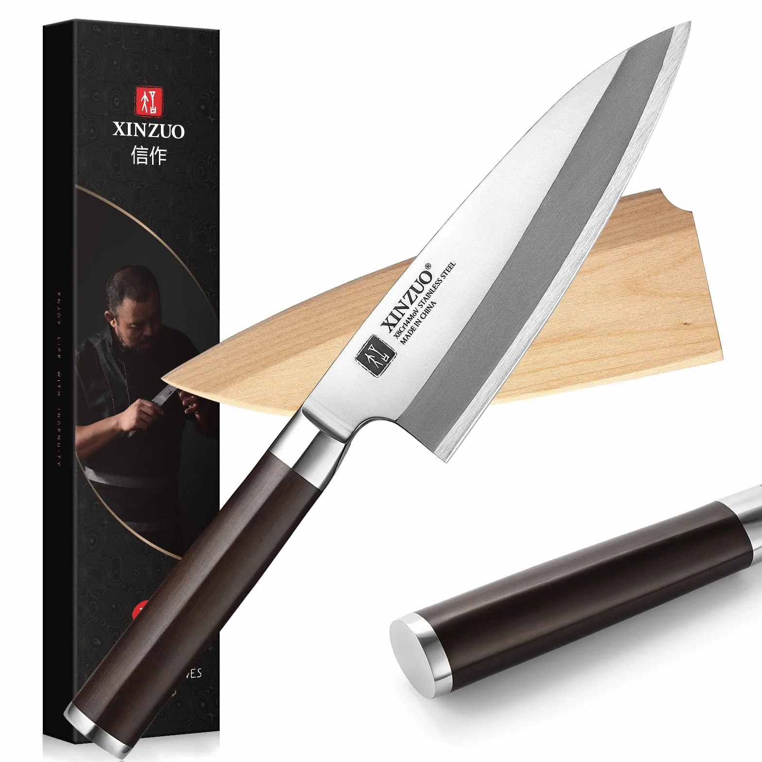 XINZUO 18 cm Deba nóż ze stali nierdzewnej X8Cr14MoV, japoński nóż sashimi do sushi, pojedyncze ostrze, nóż szefa kuchni, profesjonalny nóż do ryb, uchwyt hebanowy, z pochwą z drewna brzozowego