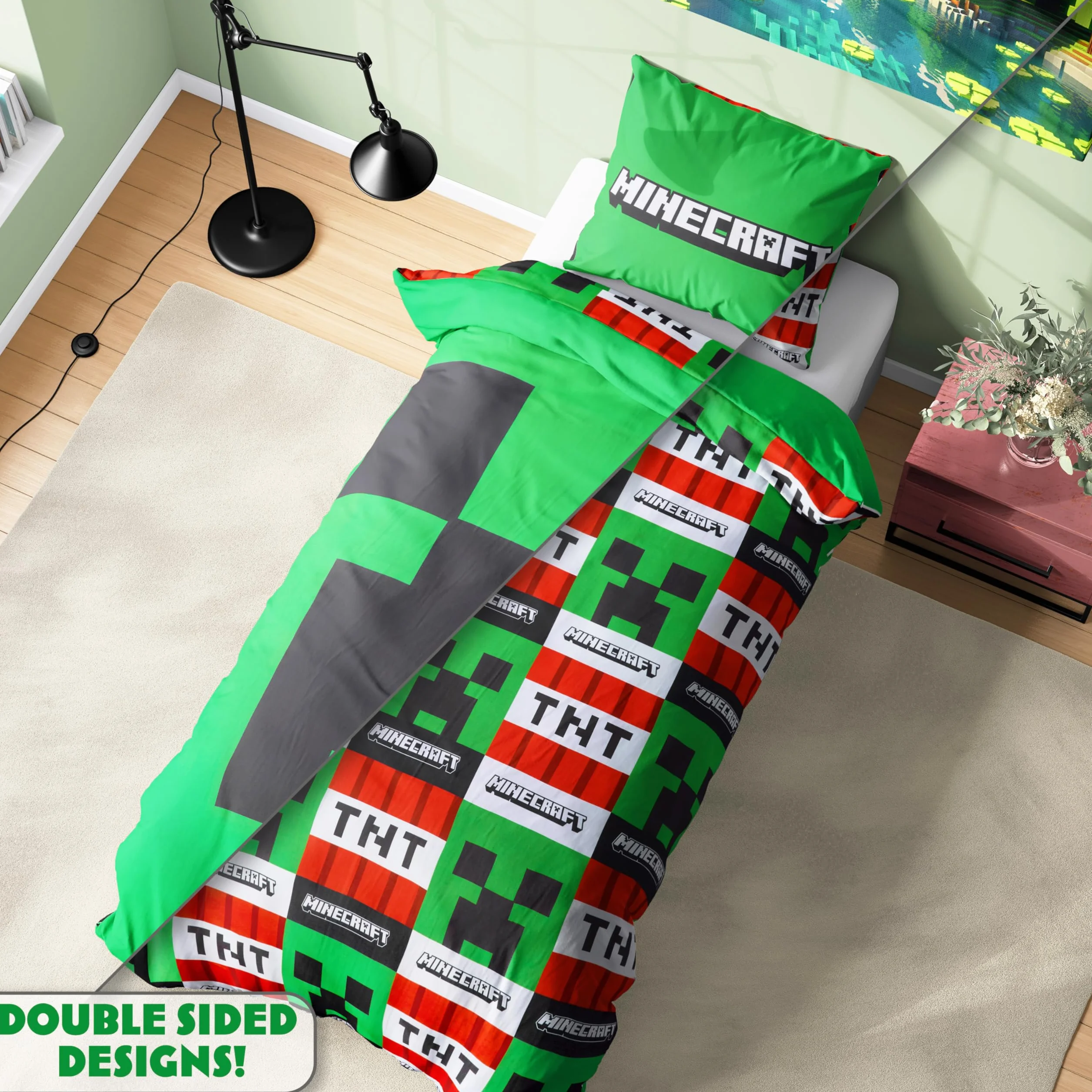 Minecraft Pojedynczy zestaw poszewek na kołdrę dla dzieci, dwustronna pościel i poszewka na poduszkę