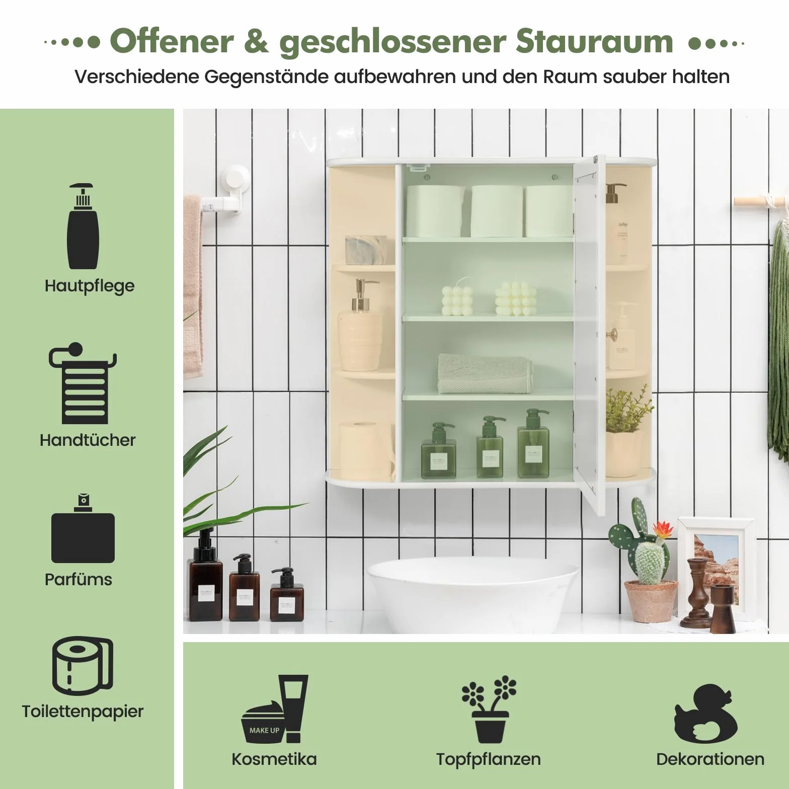 GOPLUS Drewniana szafka z lustrem z półkami, szafka łazienkowa z lustrem, szafka wisząca, szafka ścienna, 66 x 17 x 63 cm (biała)