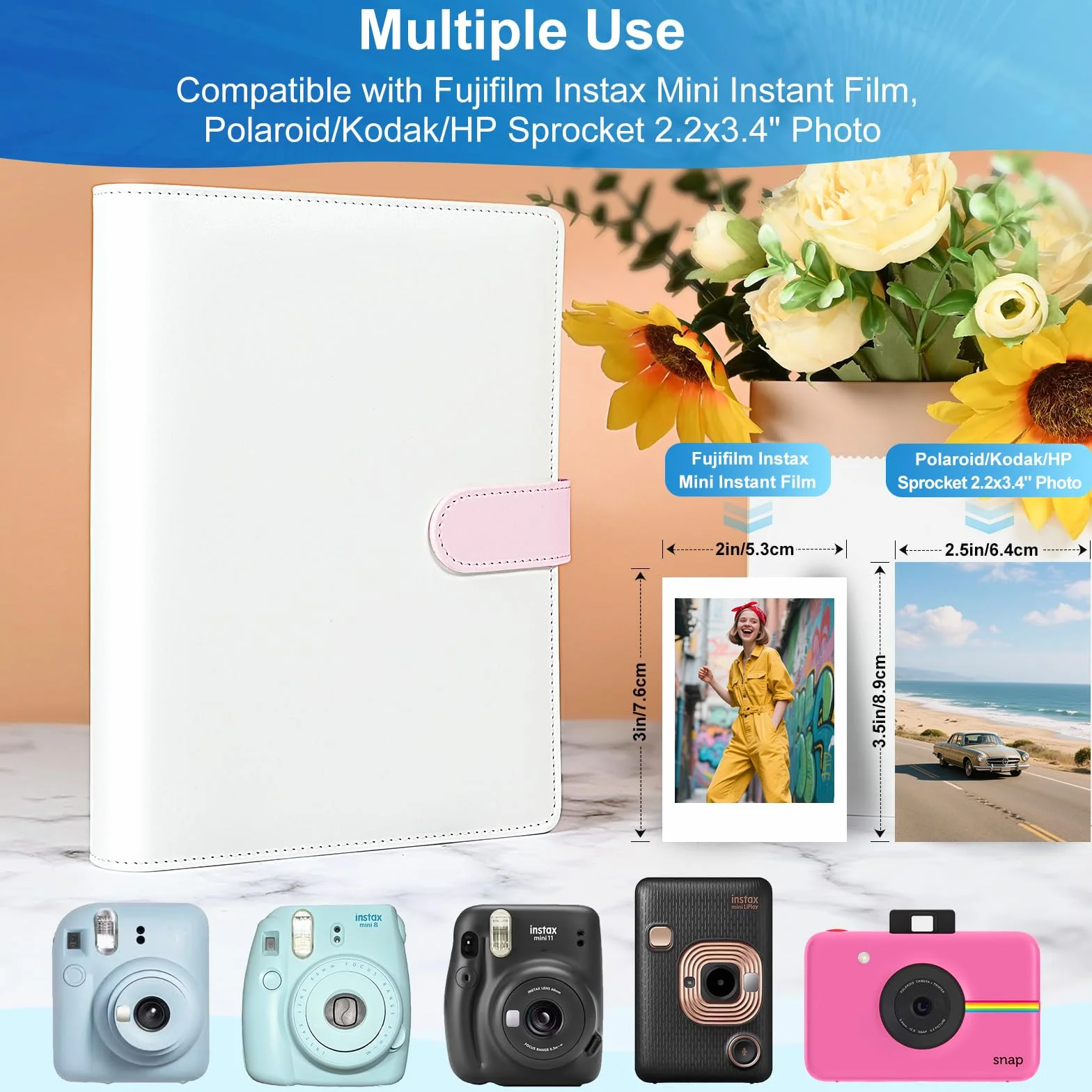 Album fotograficzny 200 zdjęć, 5 x 7 cm, do ponownego napełniania, ze skóry PU, ze stronami, kompatybilny z Fujifilm Instax Mini 12, 11, 9, 8+, 8, 99, 40, 90, 7, EVO LiPlay, Polaroid Snap/PIC-300