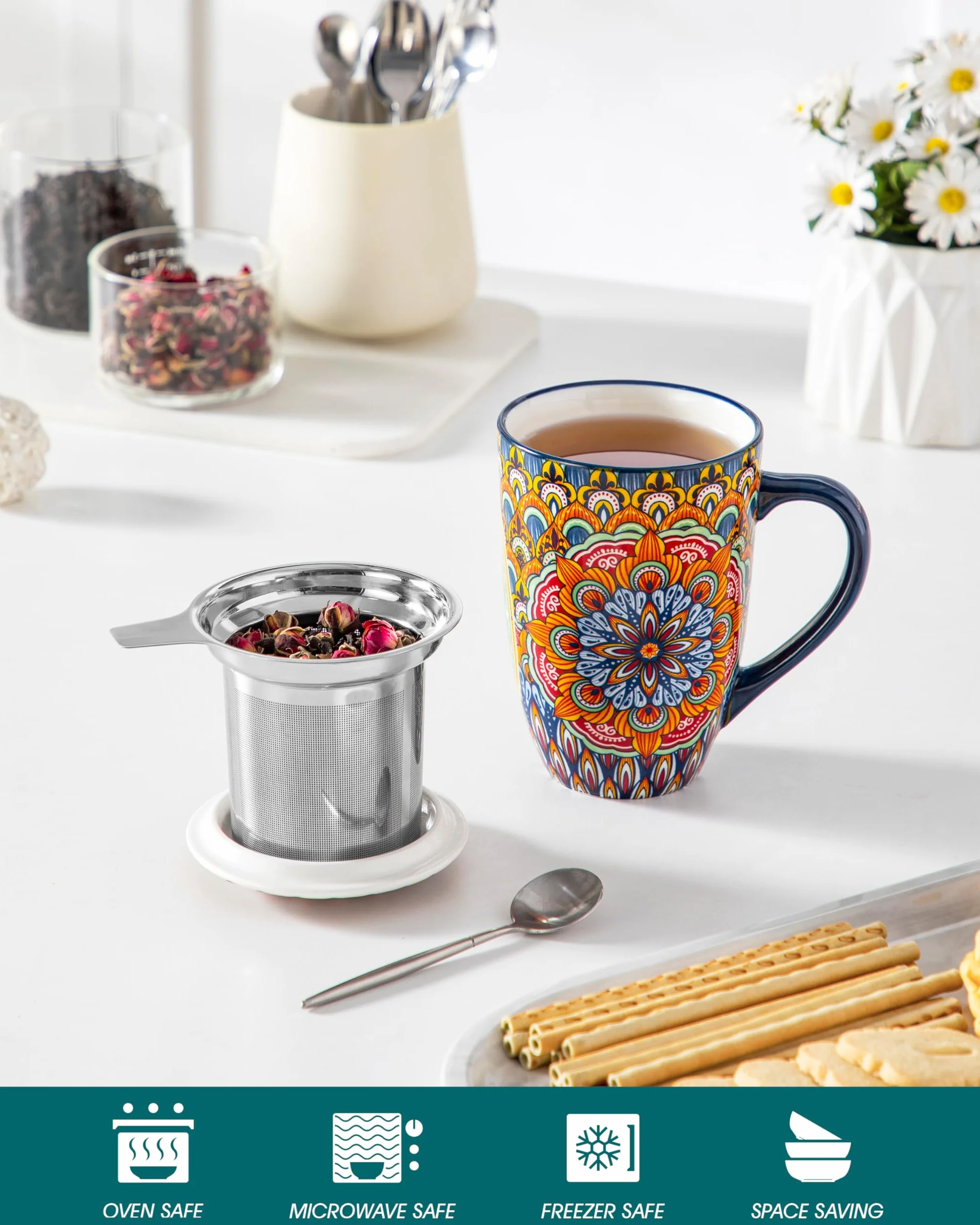 vancasso Filiżanka do herbaty z pokrywką i sitkiem, 540 ml, ceramiczna filiżanka do herbaty, duża, piękna filiżanka z sitkiem, na herbatę sypką, nadaje się do mycia w zmywarce i używania w kuchence