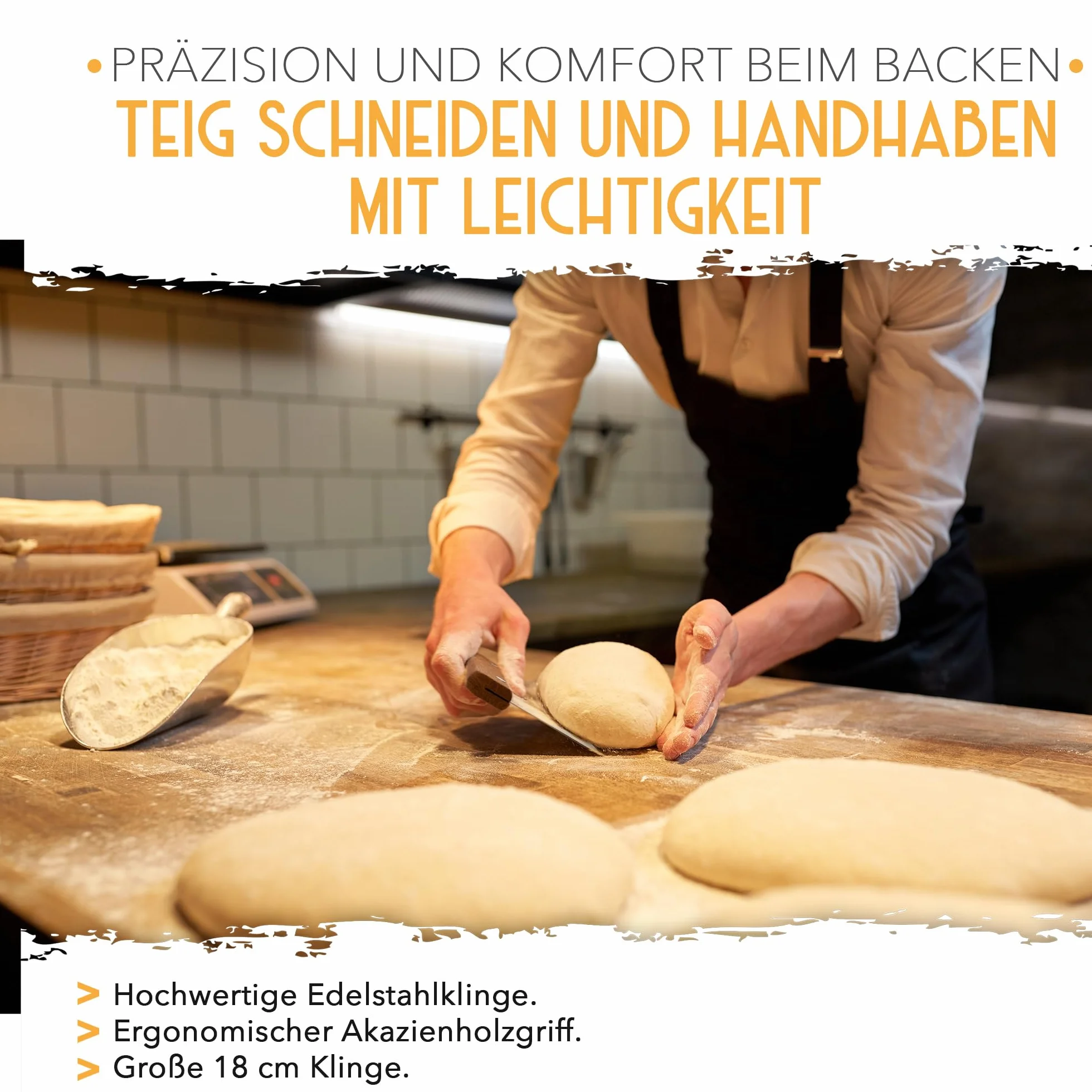 KRUSTENZAUBER Nóż do ciasta ze stali nierdzewnej 18 cm z drewnianą rączką, szpatułka do pieczenia chleba, trwała skrobak do ciasta do dzielenia się i kształtowania ciasta dla czystej pracy