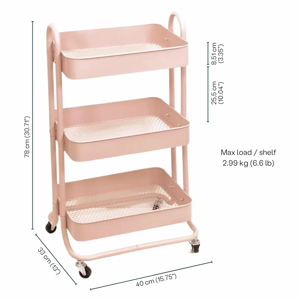 Craftelier Metalowy wózek organizacyjny z 3 tacami różowy 4 kółka obrotowe 360° z hamulcami 78 x 40 cm