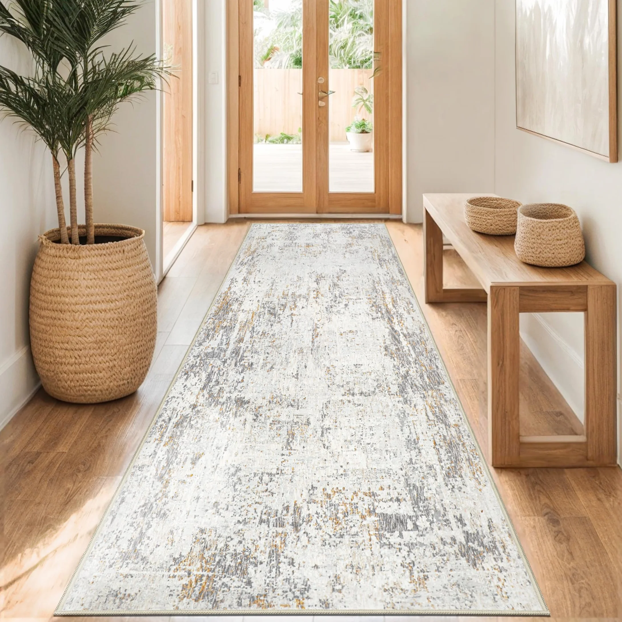 Capslpad Beżowy, abstrakcyjny dywan do korytarza, 80 x 300 cm, nadaje się do prania, antypoślizgowy, nowoczesny, minimalistyczny, z krótkim włosiem, sztuczna wełna, do salonu, sypialni
