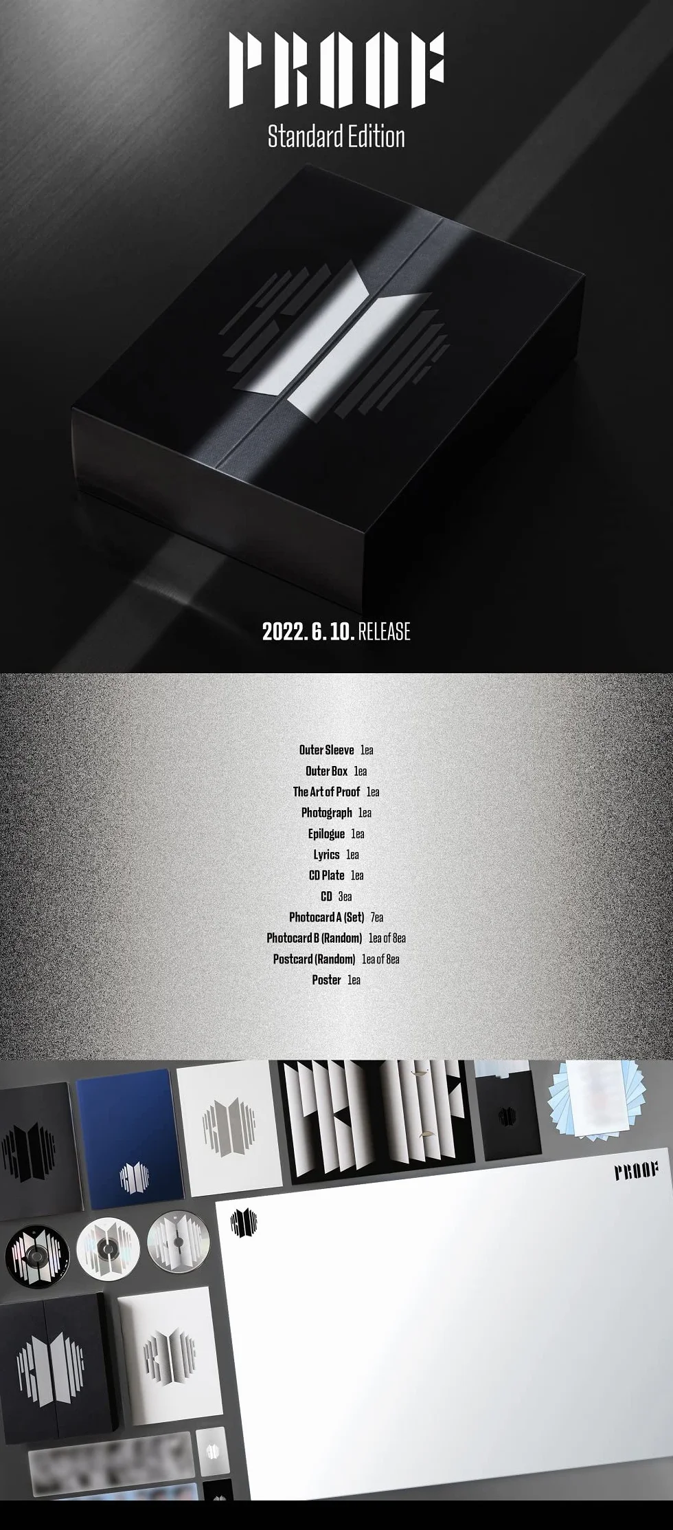Big Hit Entertainment BHE0117 BTS BANGTAN BOYS Proof Standard + Compact Edition Set [BTS Anthology Album] 6 płyt CD + 1 składany plakat + zestaw dodatkowych kart fotograficznych 188 x 250 x 59 mm