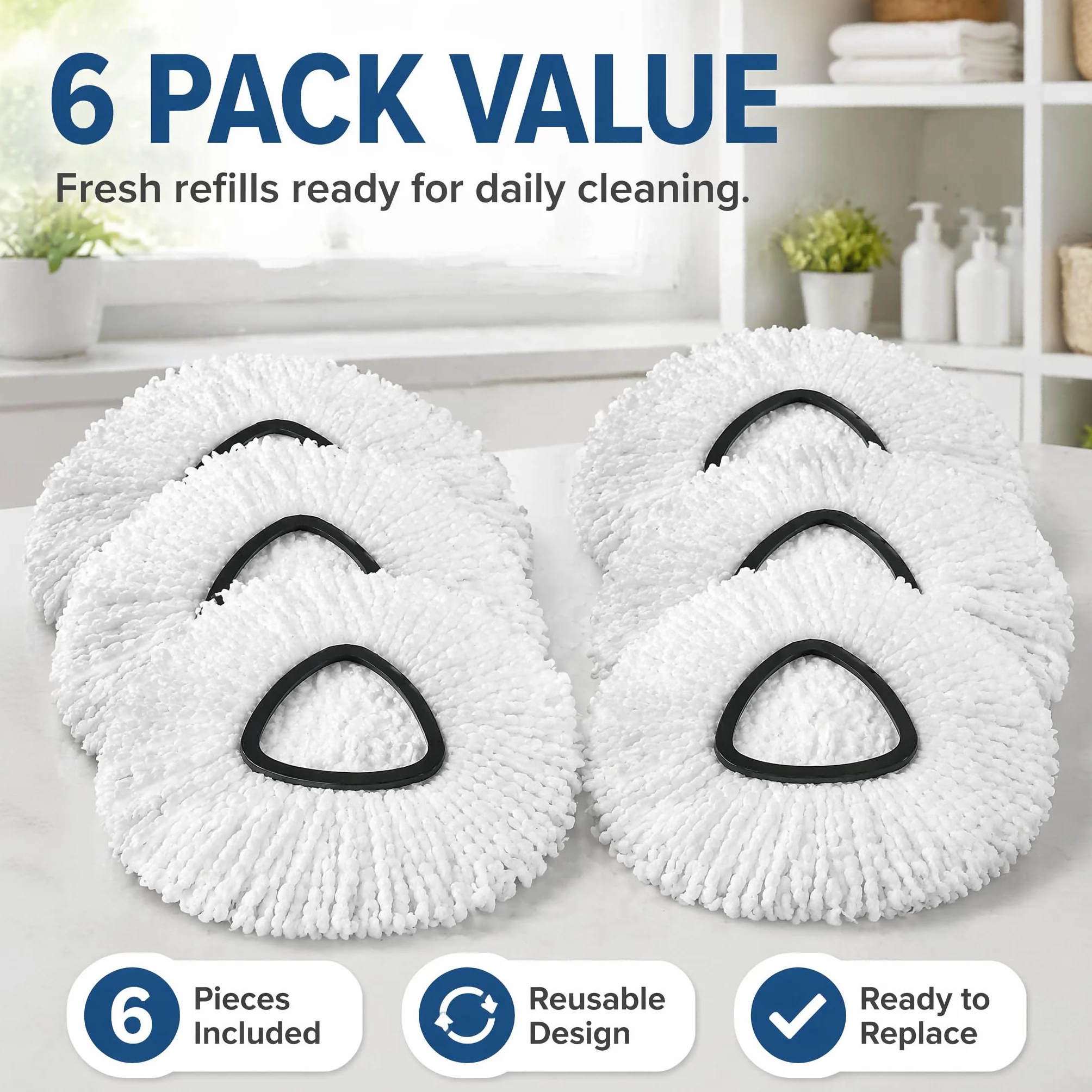 CLEAN PIONEER 6-pak wymiennych głowic do mopa kompatybilnych z Spin EasyWring Triangle Spin Mop, wkłady do mopa obrotowego z mikrofibry, łatwe czyszczenie, zamiennik głowicy mopa w 100% z mikrofibry