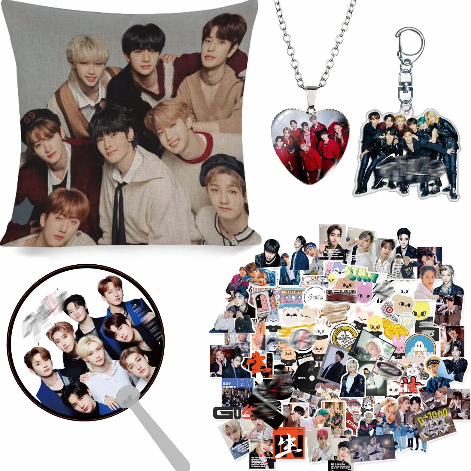 Stray Kids Zestaw prezentowy, produkt dla fanów, 1 poszewka na poduszkę, 1 naszyjnik, 95 naklejek StrayKids, 1 brelok do kluczy, 1 okrągły wachlarz ręczny