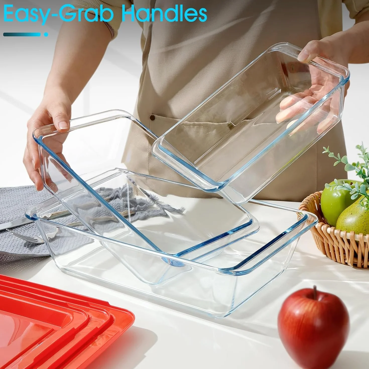 NUTRIUPS Zestaw 3 głębokich szklanych naczyń do pieczenia z plastikowymi pokrywkami, głęboka lasagne, do piekarnika, prostokątne szklane naczynia do pieczenia 1,4 + 2,3 + 3,5 l