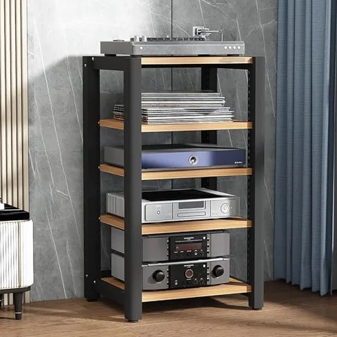 Stojak audio do gier, stojak stereo i półka odtwarzacza płyt muzycznych, konsola multimedialna AV z drewnianymi półkami, szafka na płyty CD/DVD, do projektorów, PS5, Xbox, kina domowego