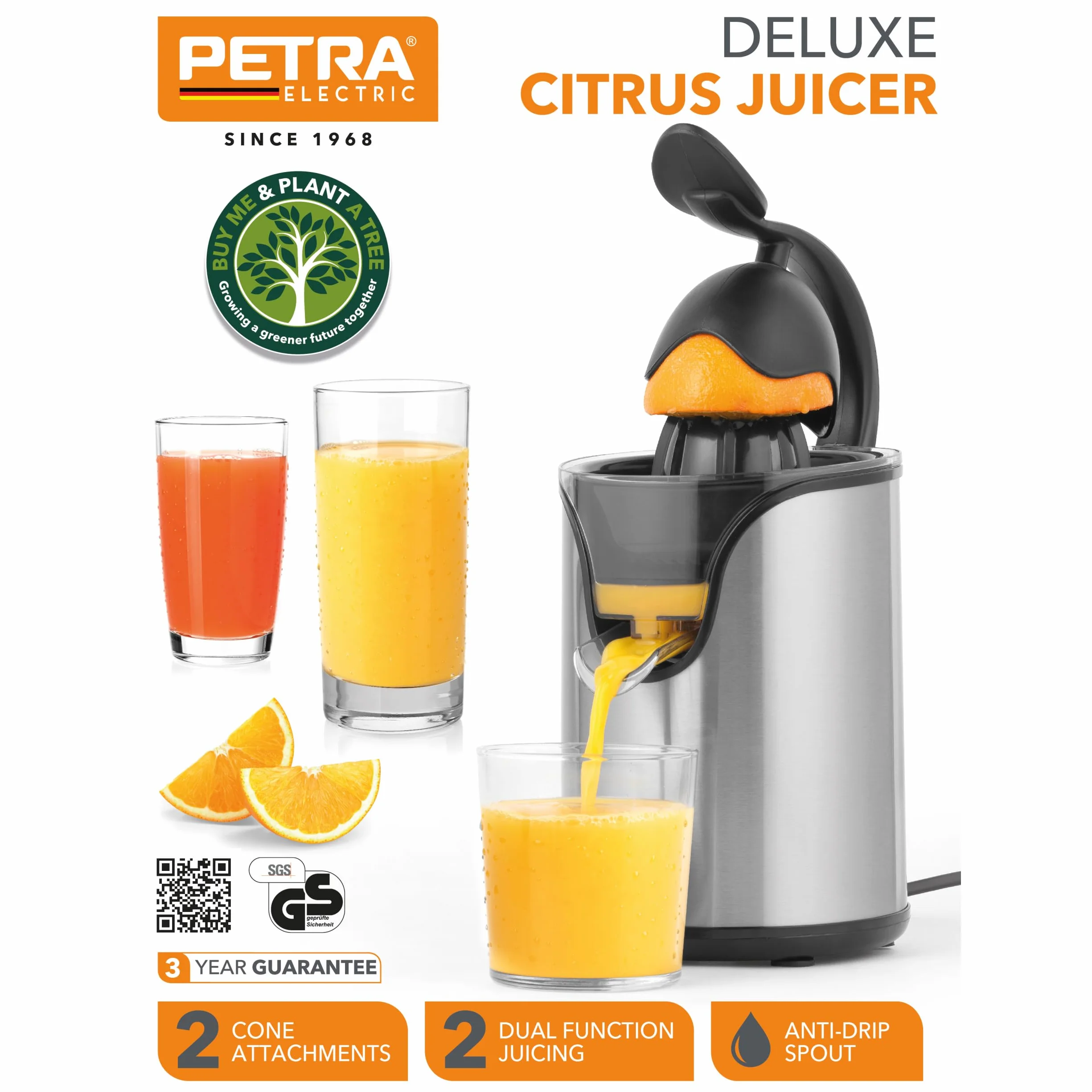 Petra PT5026VDEEU7 Wyciskacz Deluxe do cytrusów, soki z grapefruita, cytryny i pomaranczy, 2 nasadki stozkowe, 2 dzialania, zapobieganie kapaniu, bez bisfenolu A, dzwignia, 100 W, stal nierdzewna