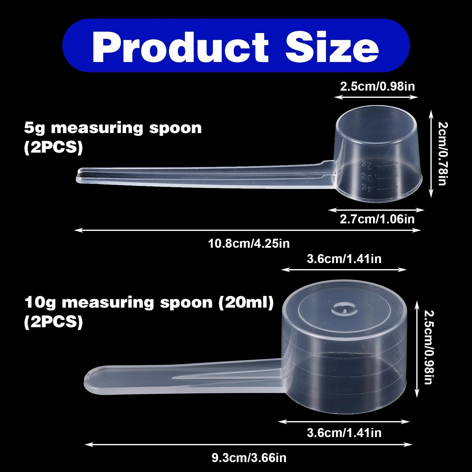 4 łyżki pomiarowe, miarki gram ze skalą 5 g i 10 g/20 ml waga przezroczysta miarka 5 g i 10 g/20 ml, miarka do dozowania proteinowego proszku do prania, mleko w proszku do pieczenia, kreatyna