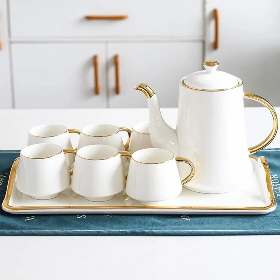 Zestaw Herbaty 8 Sztuk Zestaw Do Herbaty Styl Europejski Szkliwione Porcelanowe Serwisy Kubki I Taca Na Kawę Popołudniowa Herbata Drinkware Kawy Dzbanek do Filiżanki(White)