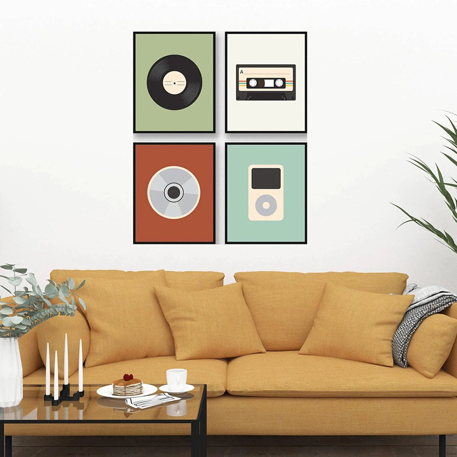 Retro muzyka kaseta płyta CD MP3 plakat druk muzyka sztuka ścienna płótno do dekoracji pokoju chłopca 60 x 80 cm 4 szt. rama wewnętrzna