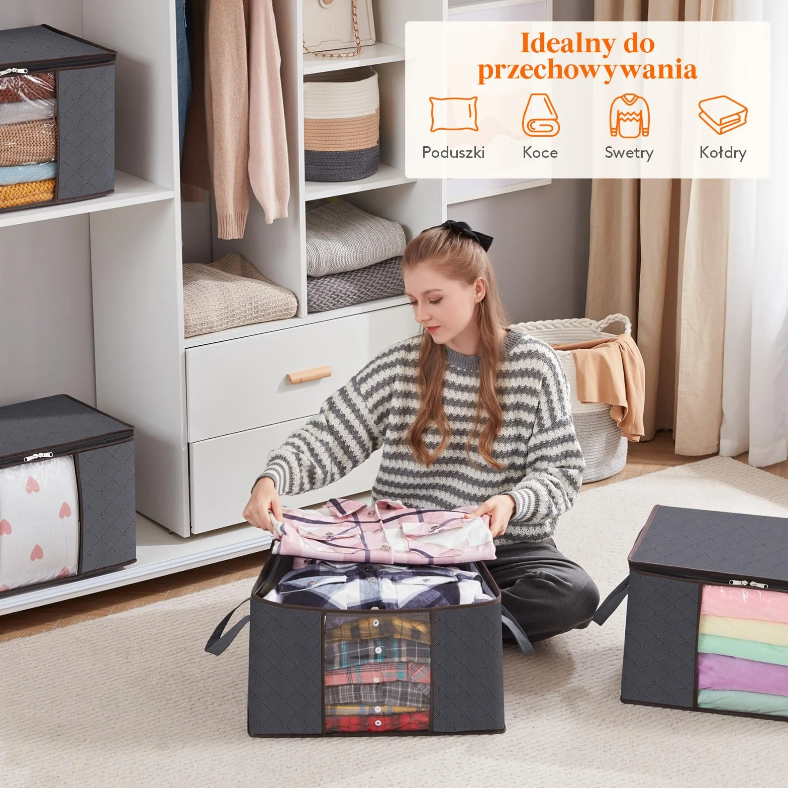 Lifewit Torba do Przechowywania Ubrań, Składany Pojemnik na Posciel, Duże Pudełka do Szafy na Kołdry Zabawki Ubrania, Under Bed Storage Boxes, 60 L, 4-Pack