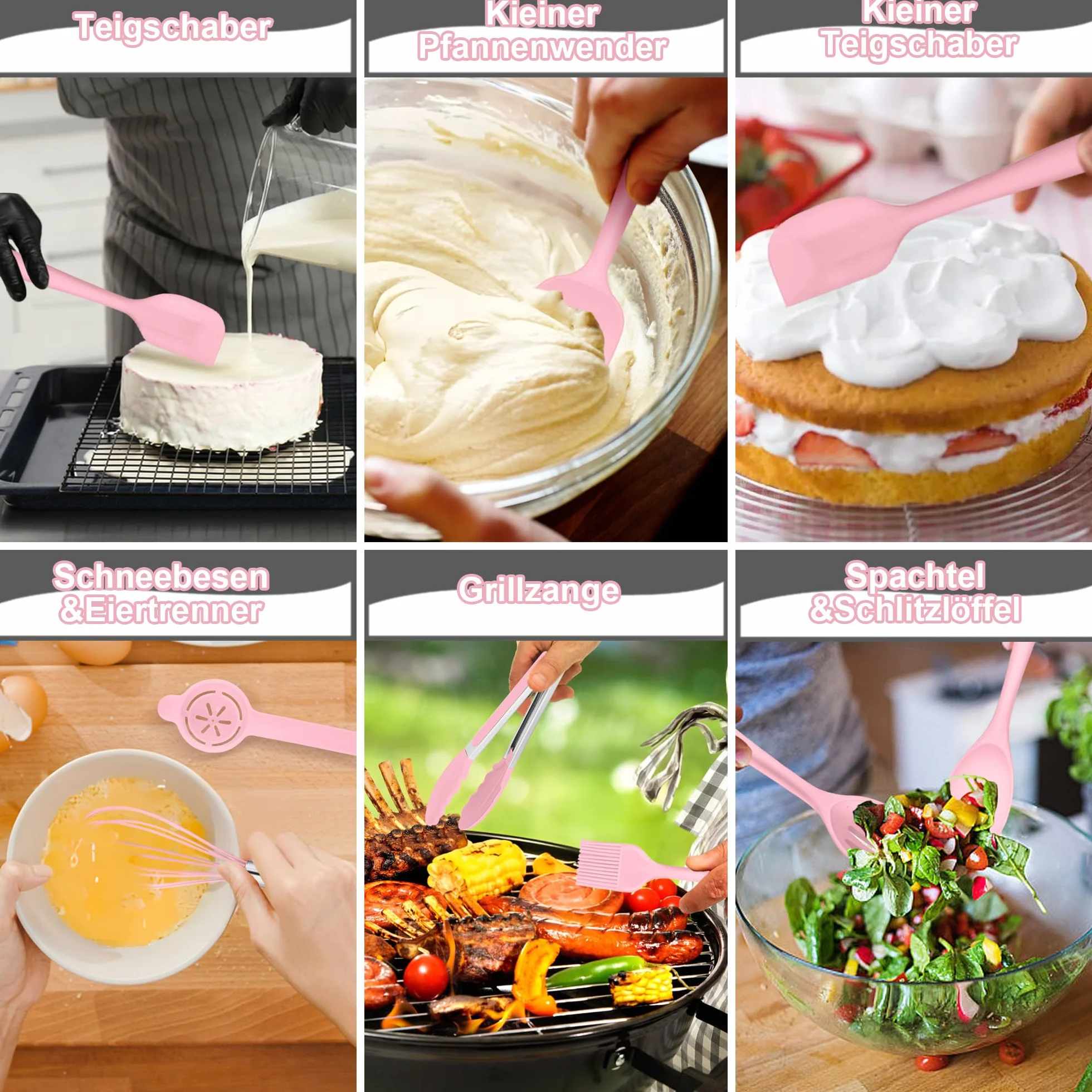 Homikit Silikonowy zestaw przyborów kuchennych, 16 sztuk, odporne na wysokie temperatury, różowe przybory kuchenne z uchwytem na przybory, zdrowe i nieprzywierające, nadają się do mycia w zmywarce