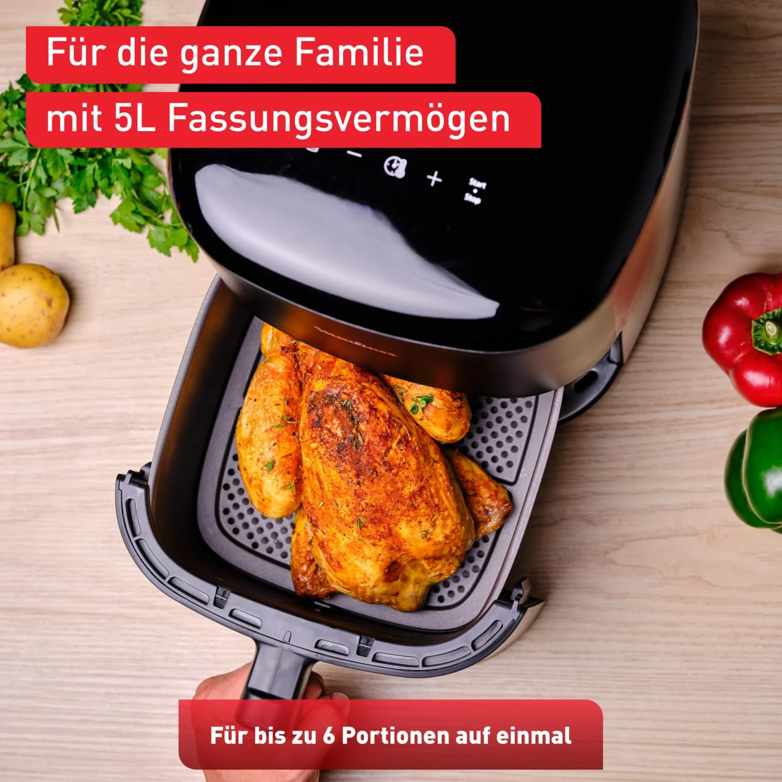 TEFAL EY2458 Easy Fry Max Frytkownica, 5 l, do 6 osób, 99% mniej tłuszczu, 10 automatycznych programów, cyfrowy ekran dotykowy, 70% mniej energii, zdrowe posiłki, części do mycia w zmywarce, czarna
