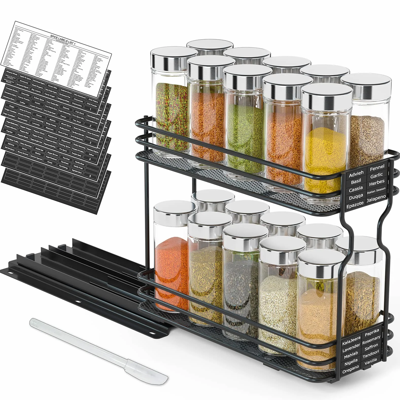 SpaceAid Wysuwany organizer na przyprawy do szafki, wytrzymały, wysuwany organizer na przyprawy do szafek kuchennych, z 415 etykietami i markerem kredowym, 10 cm szer. x 25 cm gł. x 20 cm wys., 1 szuflada 2-poziomowa, czarny