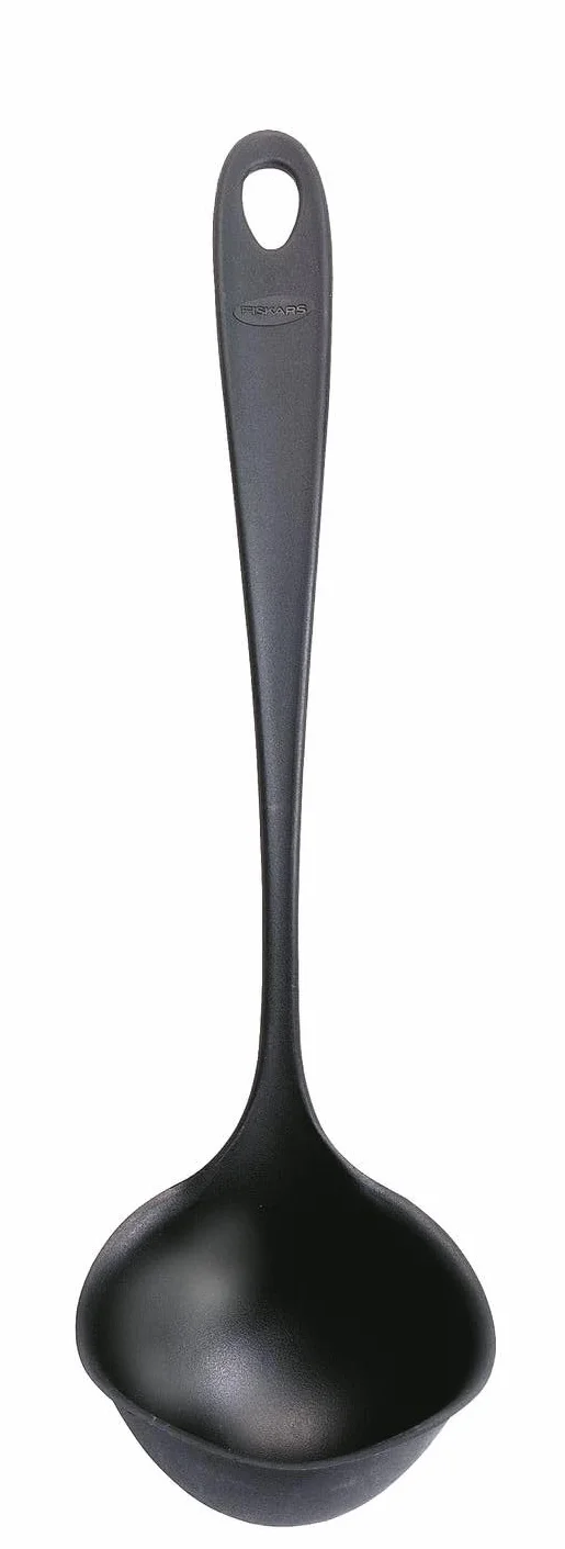 Fiskars Łyżka do zupy z obręczą zapobiegającą kapaniu, Essential, tworzywo sztuczne, długość: 28,6 cm, pojemność: 100 ml, dla prawo- i leworęcznych, czarna, 1079059