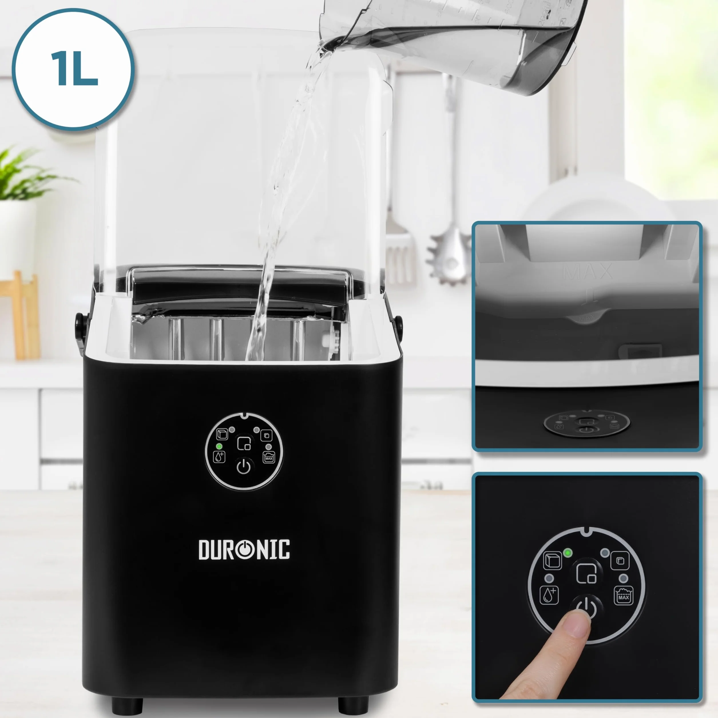 Duronic ICM12 BK Kostkarka do lodu elektryczna 120W | 8 kostek w 6 do 8 minut | Kosz o pojemności 1 litra i szpatułka | Zbiornik 1 litr | Lód do zimnych napojów i koktajli | przezroczysta pokrywka
