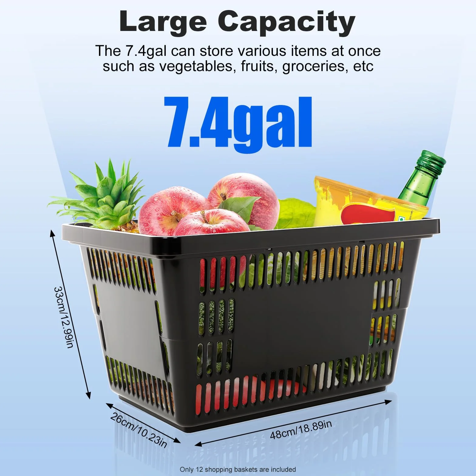 Zestaw 12 koszy na zakupy, z tworzywa sztucznego, z uchwytami, 28 l, duże kosze supermarketów z tworzywa sztucznego, koszyki na zakupy, do supermarketu, gospodarstwa domowego