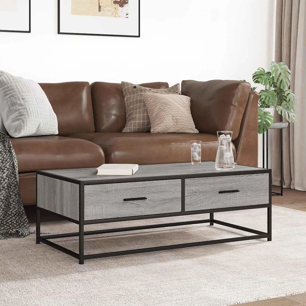 Hothingwell Stolik kawowy Sonoma szary 100x50x35 cm drewno inżynieryjne metal | Stabilna metalowa rama, odporna na korozję, wytrzymała góra, duży schowek na czasopisma i piloty zdalnego sterowania