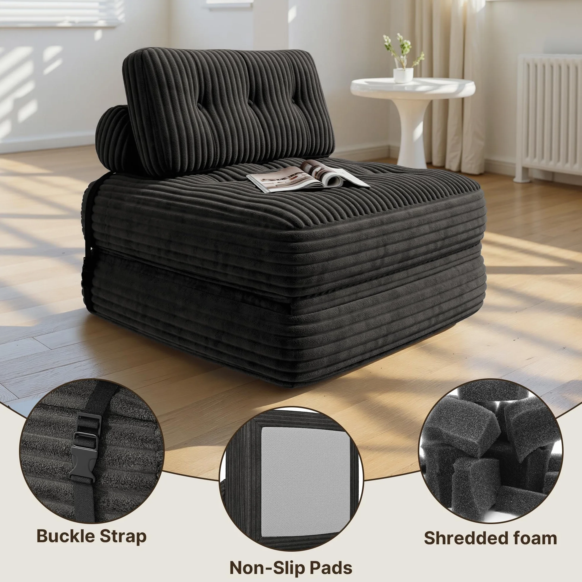 Xbro Składana sofa rozkładana z oparciem, przenośny fotel rozkładany w łóżku 2 w 1 do małych przestrzeni, sztruksowa tkanina z wypełnieniem piankowym, 190 x 85 cm rozłożony (czarny)