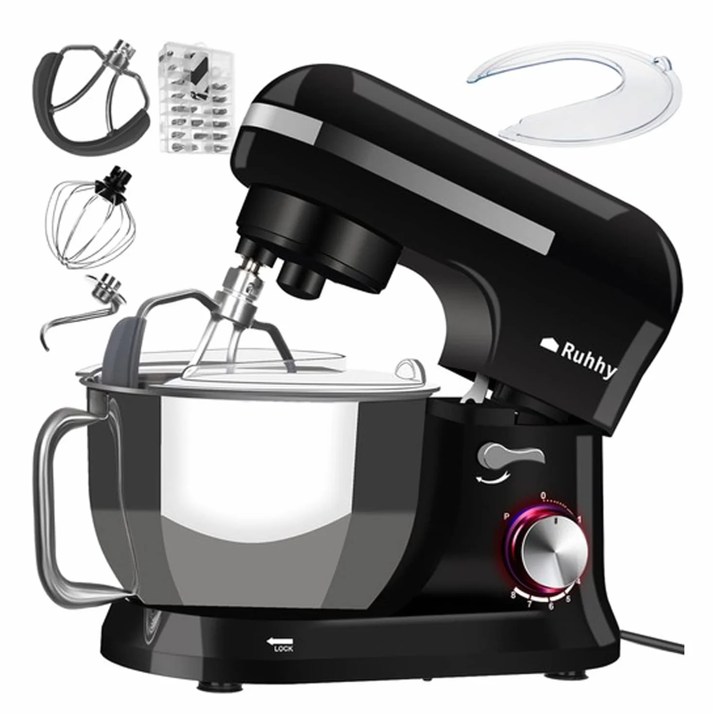 Ruhhy Robot kuchenny, miska ze stali nierdzewnej, 4,5 l, 1700 W, 8 stopni prędkości + funkcja pulsu, urządzenia kuchenne do ciast i chleba z akcesoriami do pieczenia dla amatorów i profesjonalnych
