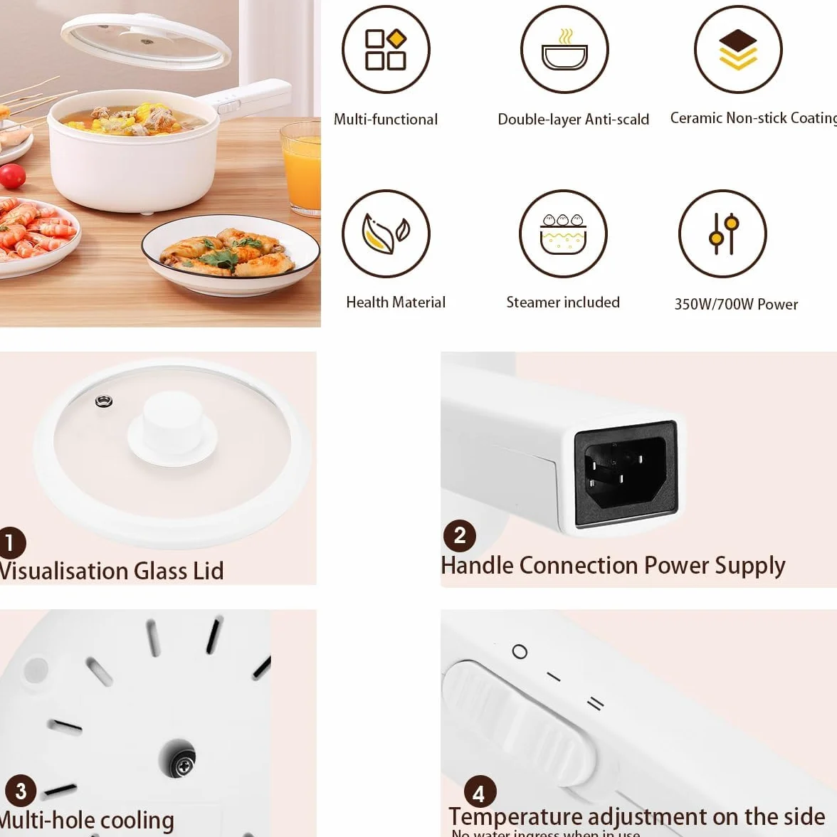 1.5L elektryczny garnek z parownikiem, nieprzywierająca patelnia ceramiczna, przenośny do Ramen/stek/Fondue/zupa, wielofunkcyjny do sypialni/kempingu/domu, podwójna kontrola
