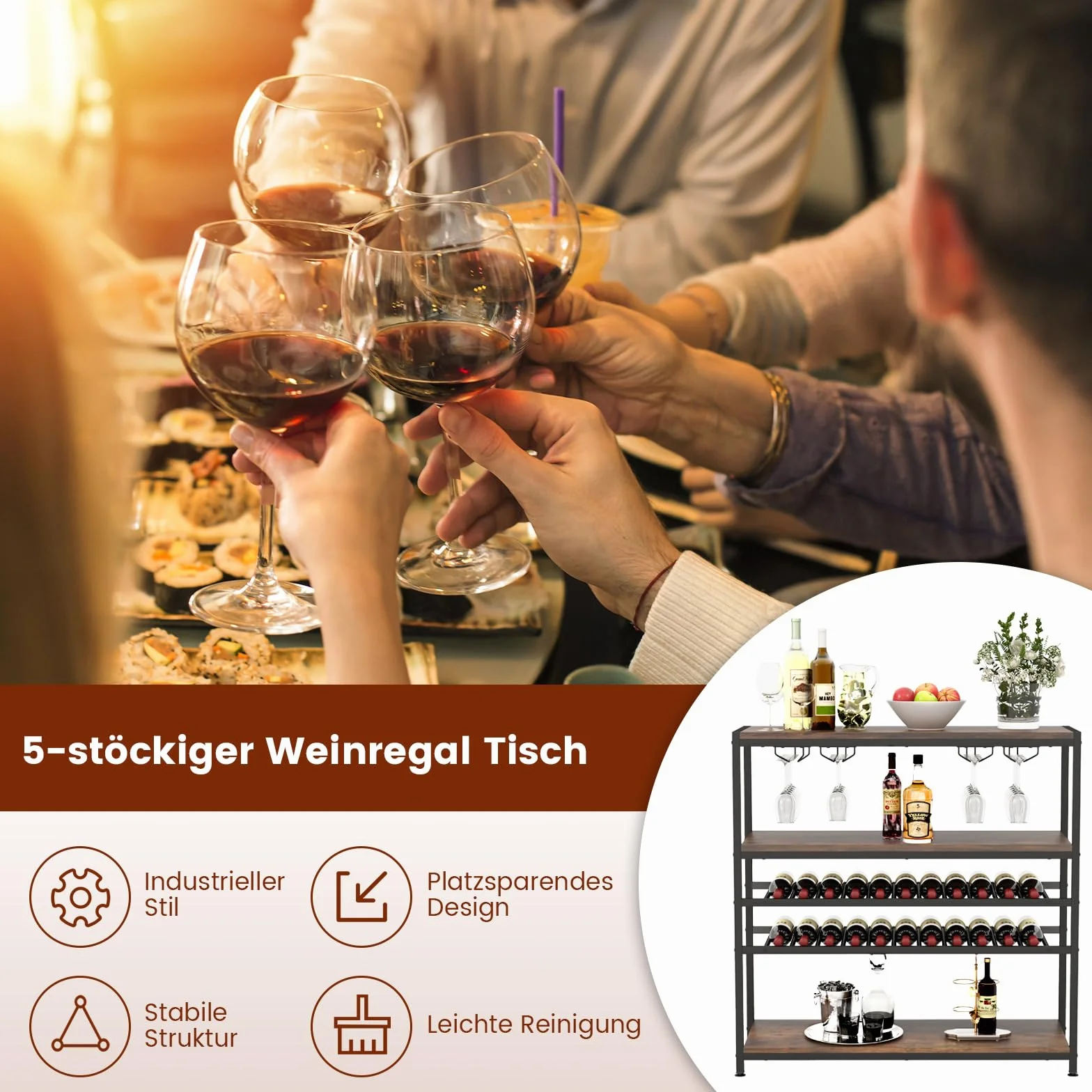 COSTWAY 5-stopniowy regał na wino z uchwytem na szkło i półkami, wolnostojący, szafka na wino do salonu, jadalni i bufetu, rustykalny brąz