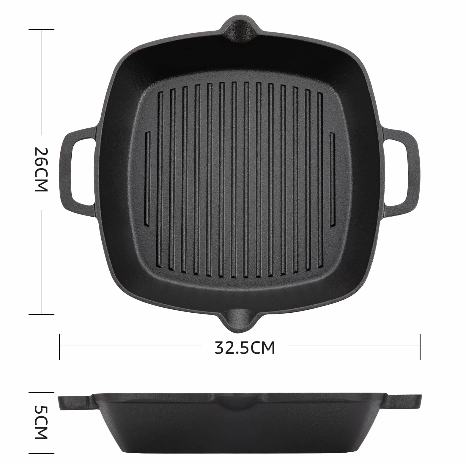 OVERMONT Patelnia grillowa żeliwna kwadratowa 26 cm z dwoma uchwytami
