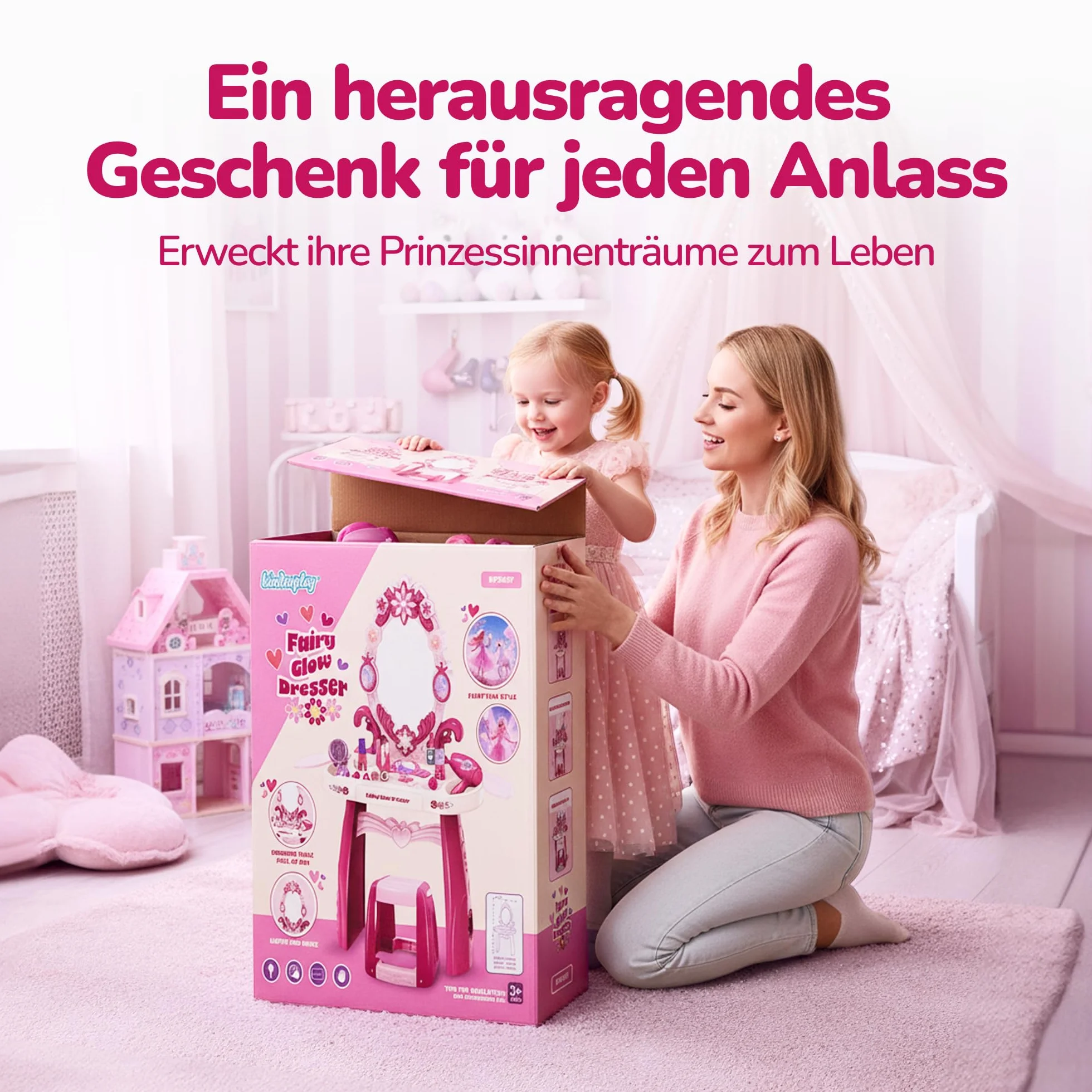 Kinderplay Fairy Glow Dresser toaletka dla dzieci z oświetleniem i dźwiękiem – zabawka dla dziewczynek od 3 lat – zestaw do makijażu dla dzieci z lustrem i 32 akcesoriami