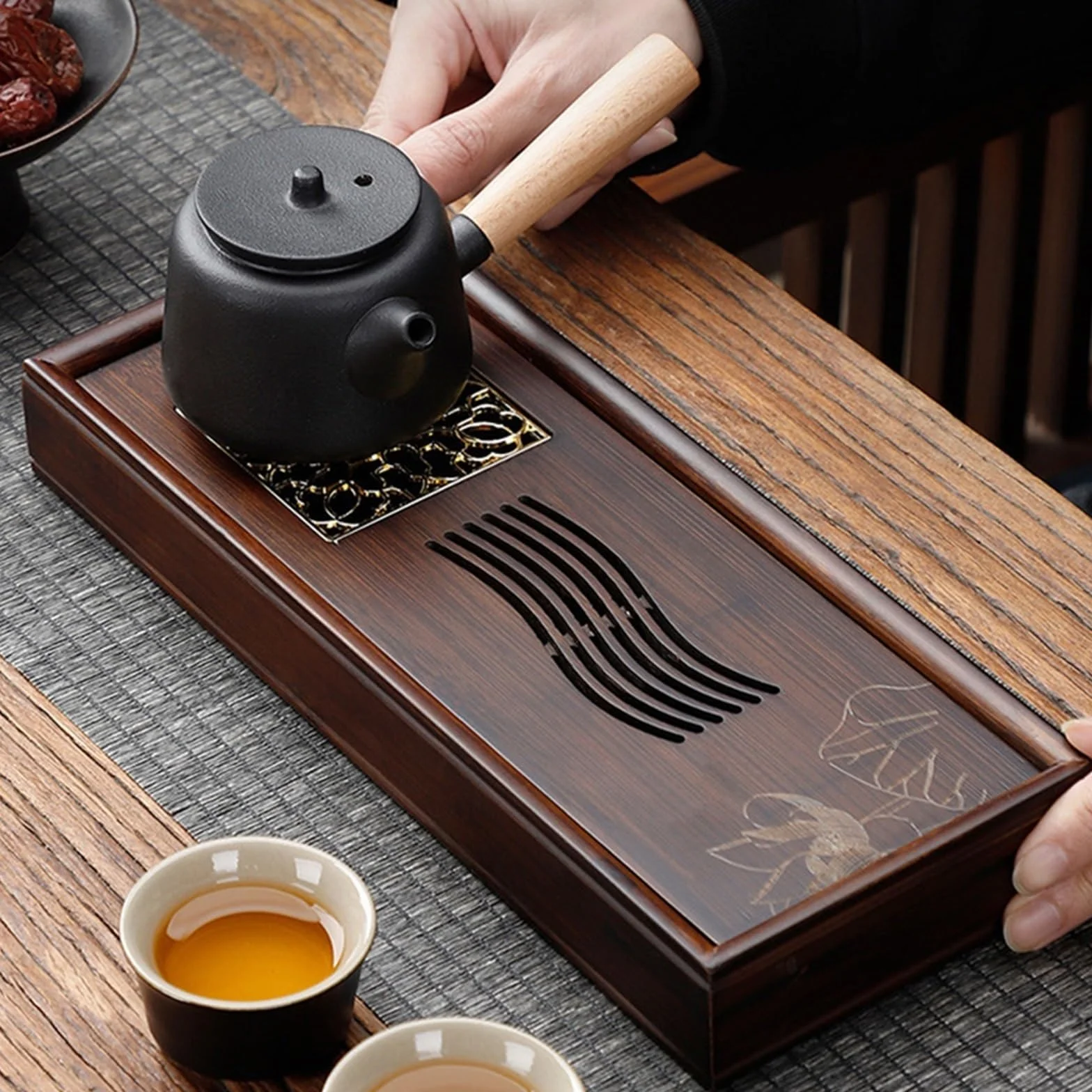 Bambusowa taca do herbaty Kung-Fu, 30 x 12 x 4 cm, pusty panel do przechowywania, na ceremonię parzenia herbaty, akcesoria domowe, elegancka deska do herbaty do domu i na prezent, 600 ml
