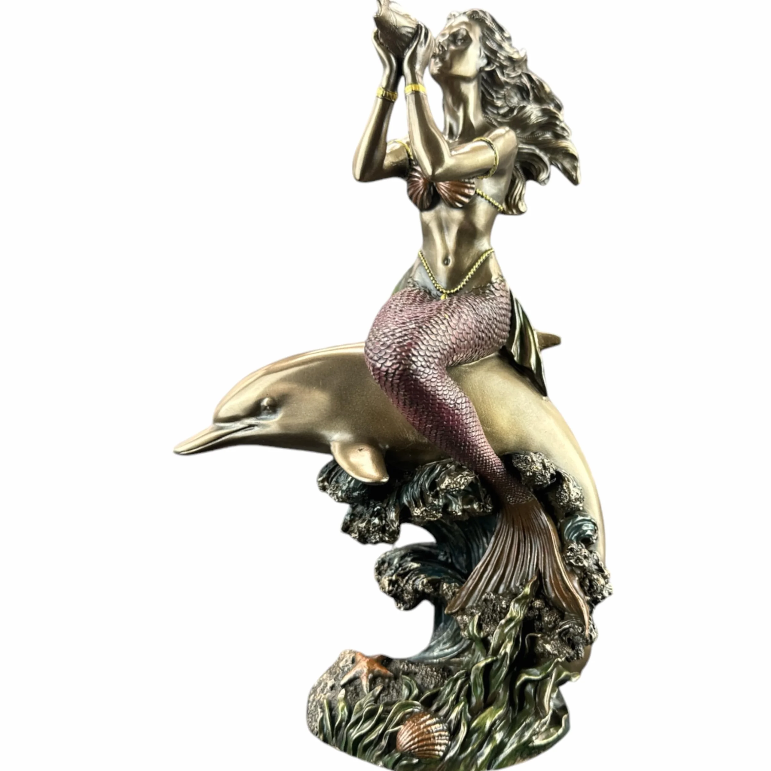 57 SPECIAL REPLICAS Rzeźba dekoracyjna figurka syrenki na plecach delfina, jako prezent do salonu, dekoracja figurki, dekoracja