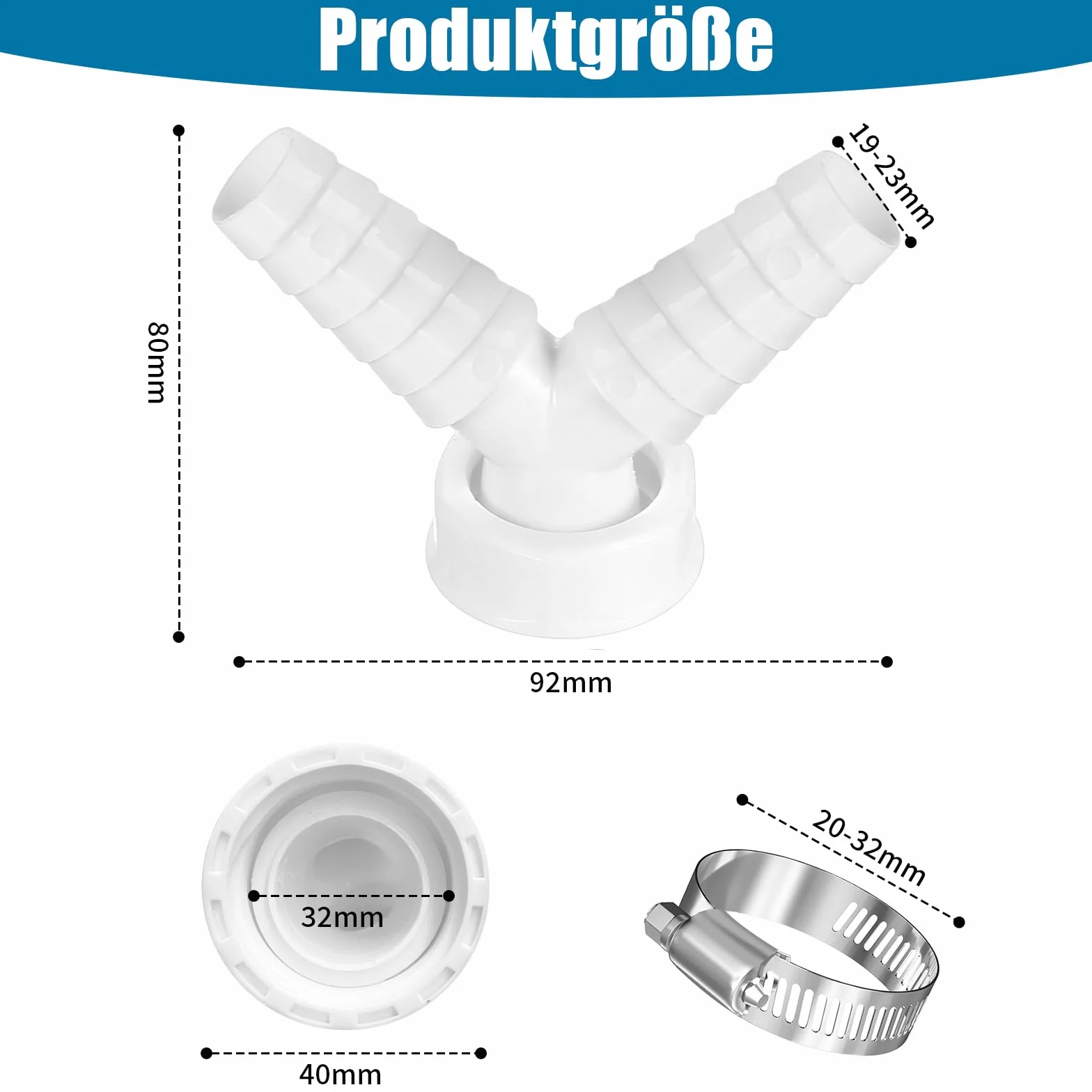 Podwójne przyłącze do odpływu do pralki i zmywarki, rozdzielacz Y do odpływu pralki z obciągaczem Ø20-32 mm, do węży z wejściem 19-24 mm i wyjściem 40 mm