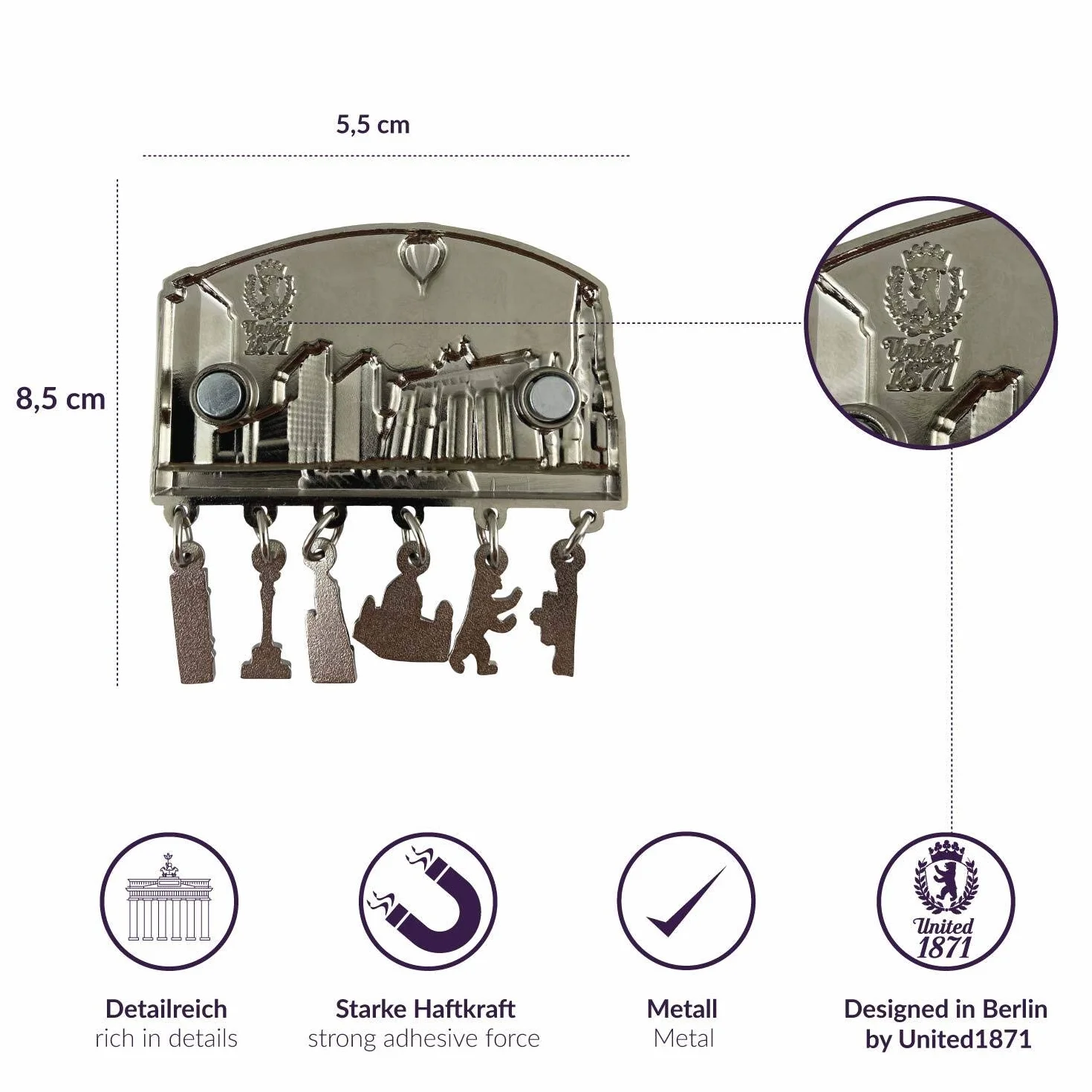 Magnet metalowy BERLIN | typowe pamiątka z miasta stołecznego | magnes do lodówki | Zaprojektowano w Niemczech