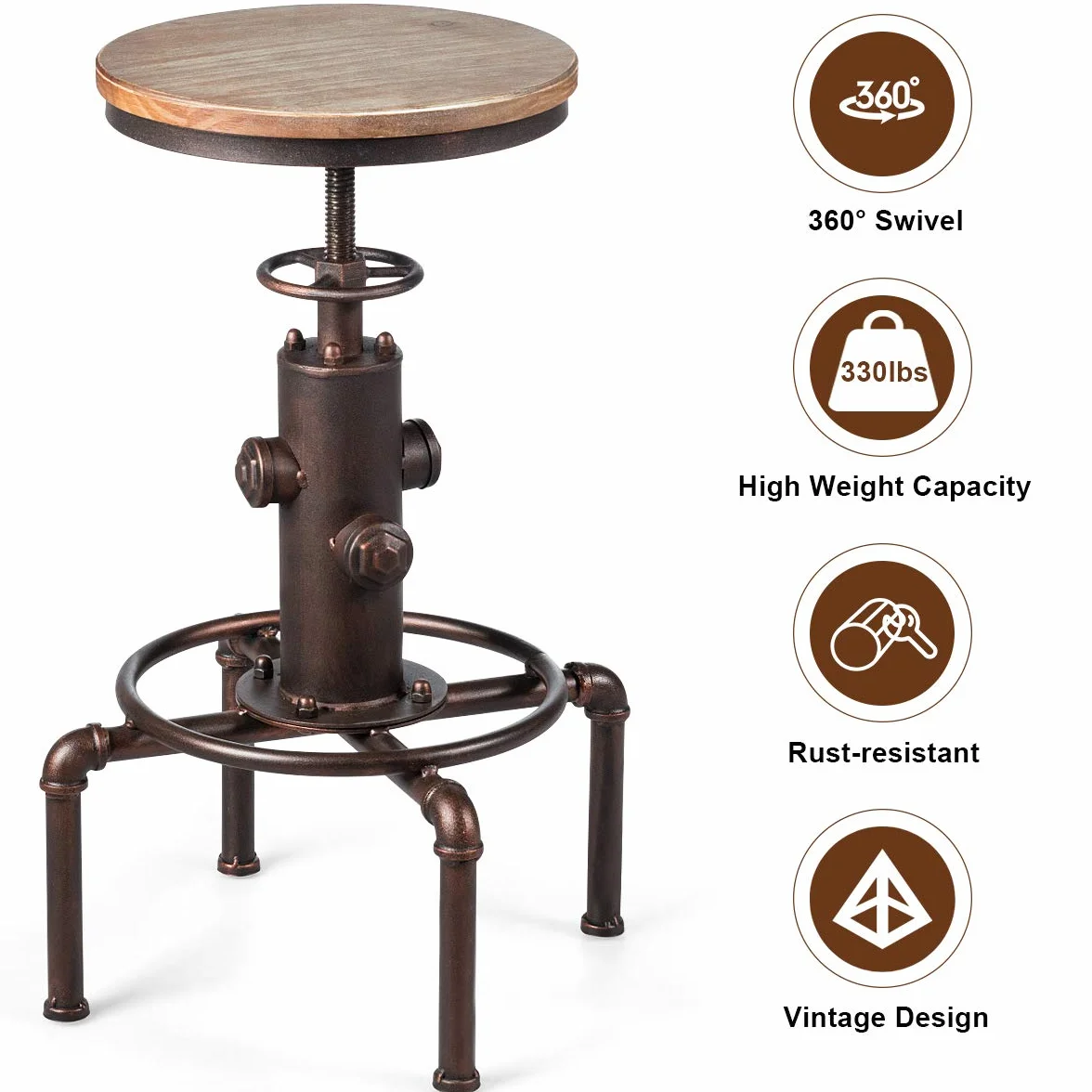 COSTWAY Stołek barowy z regulacją wysokości 59,5-75 cm drewno metal podnóżek płyta sosnowa vintage